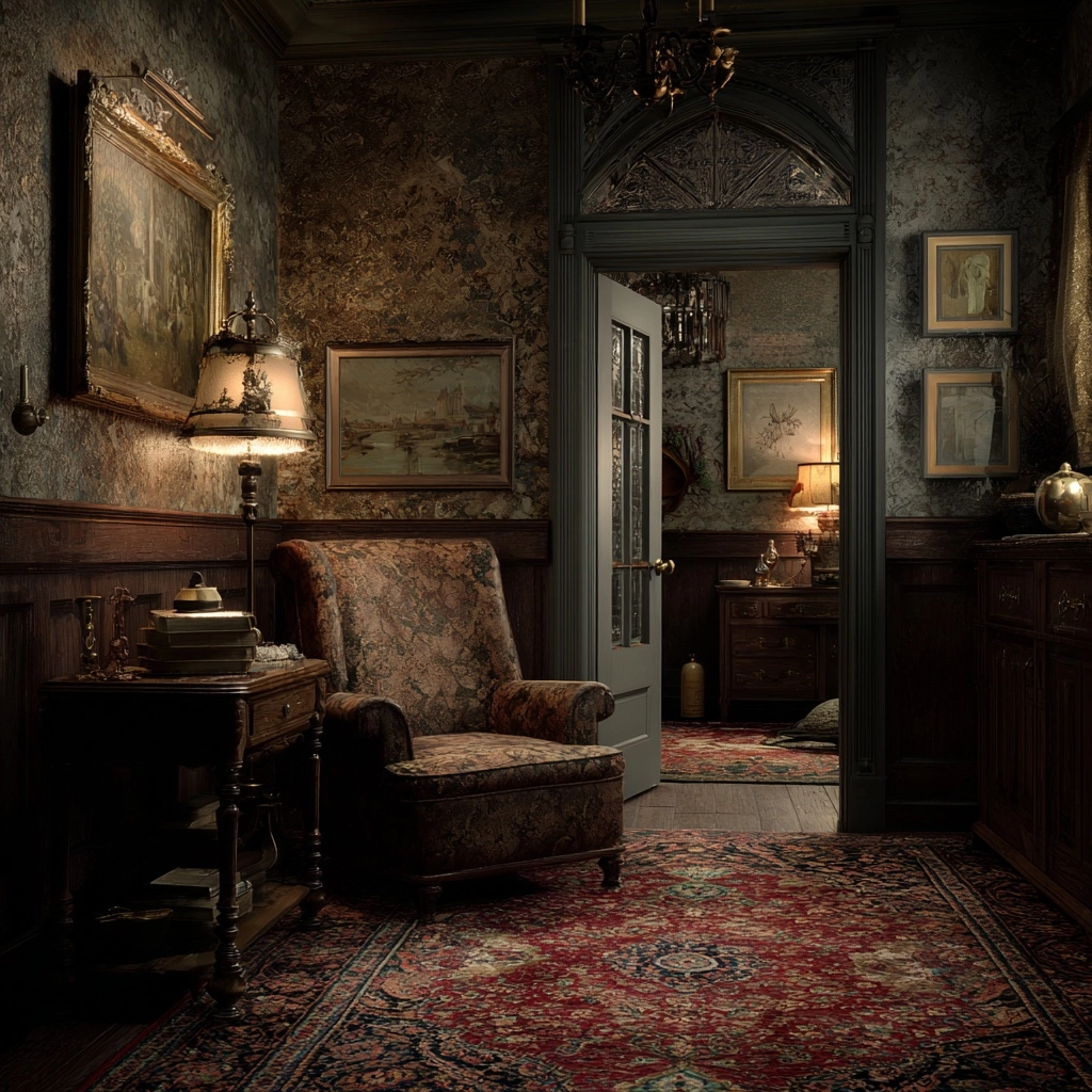 Blend this image into a new background with more room around it, vintage looking room 1920s