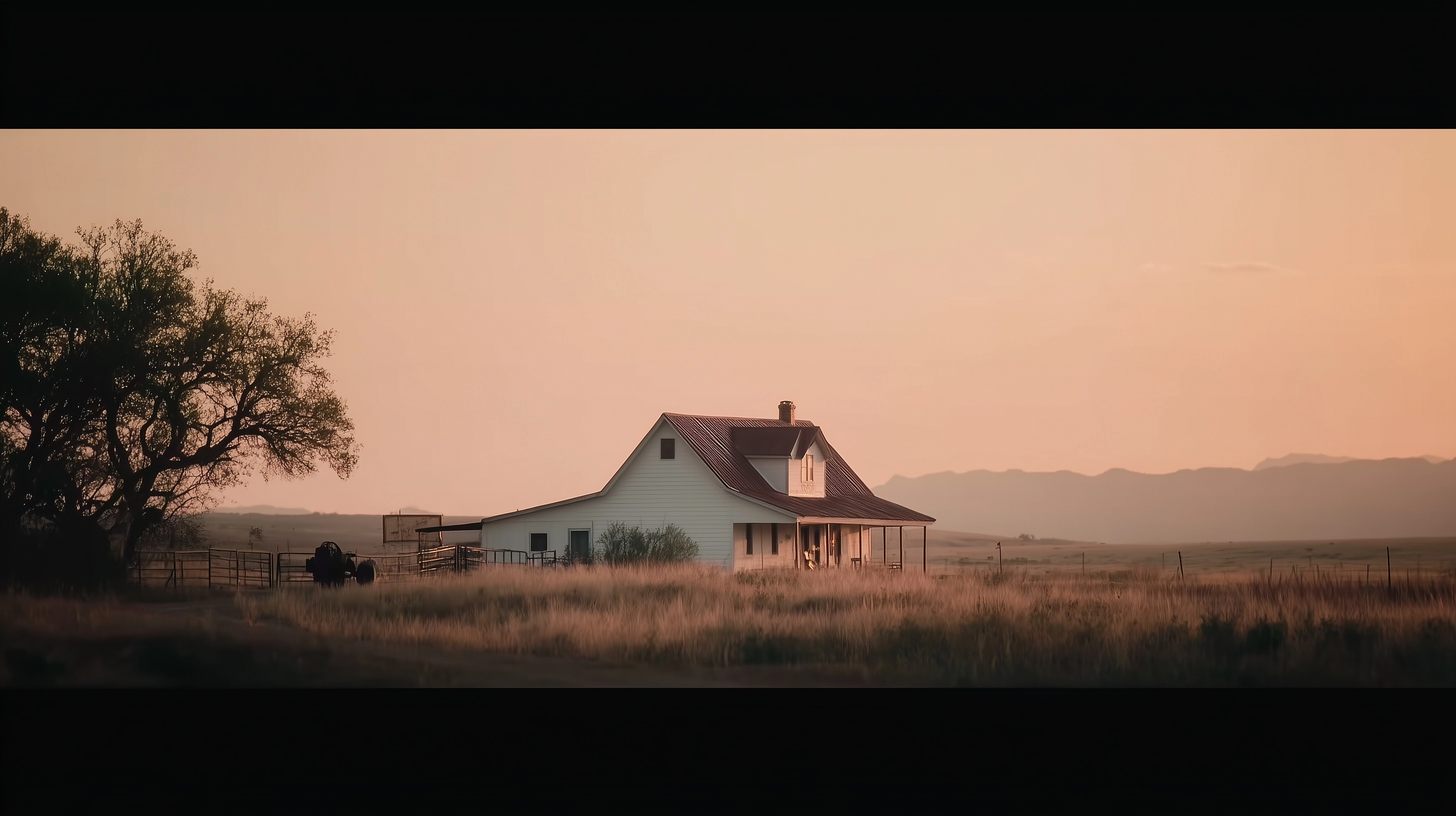 Cinematic background of Dutton Ranch series, ranch white house in the fields.