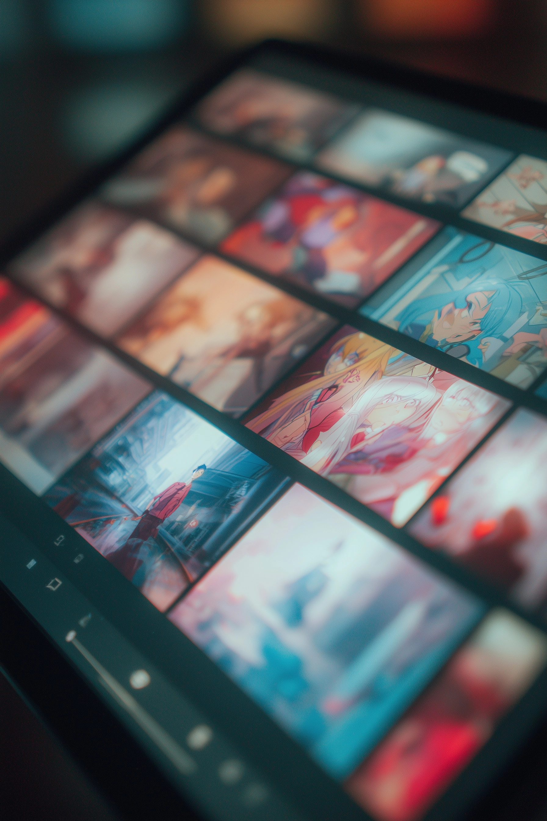 Cinematic hyper realistic style. Very close up of the big asymmetric panels of a video browser displ