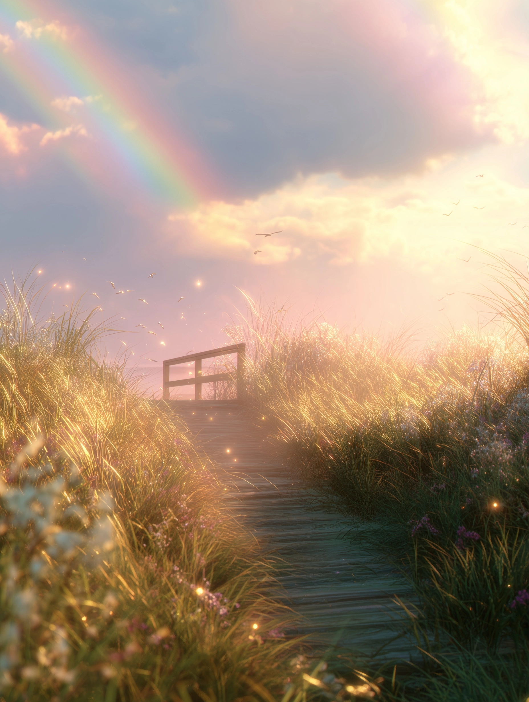 A lush grassy meadow filled with tall soft glowing grass, a gentle bridge leading forward