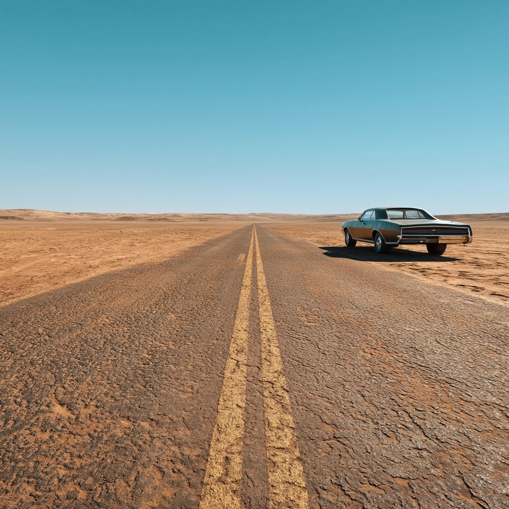 Dusty desert road stretching into the distance, midday harsh sunlight, strong shadows