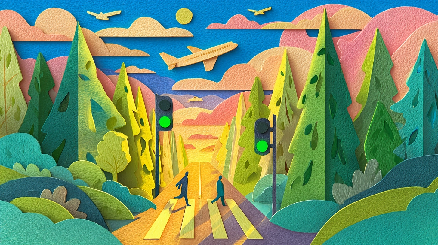 Paper cut style illustration, quiet street crosswalk scene