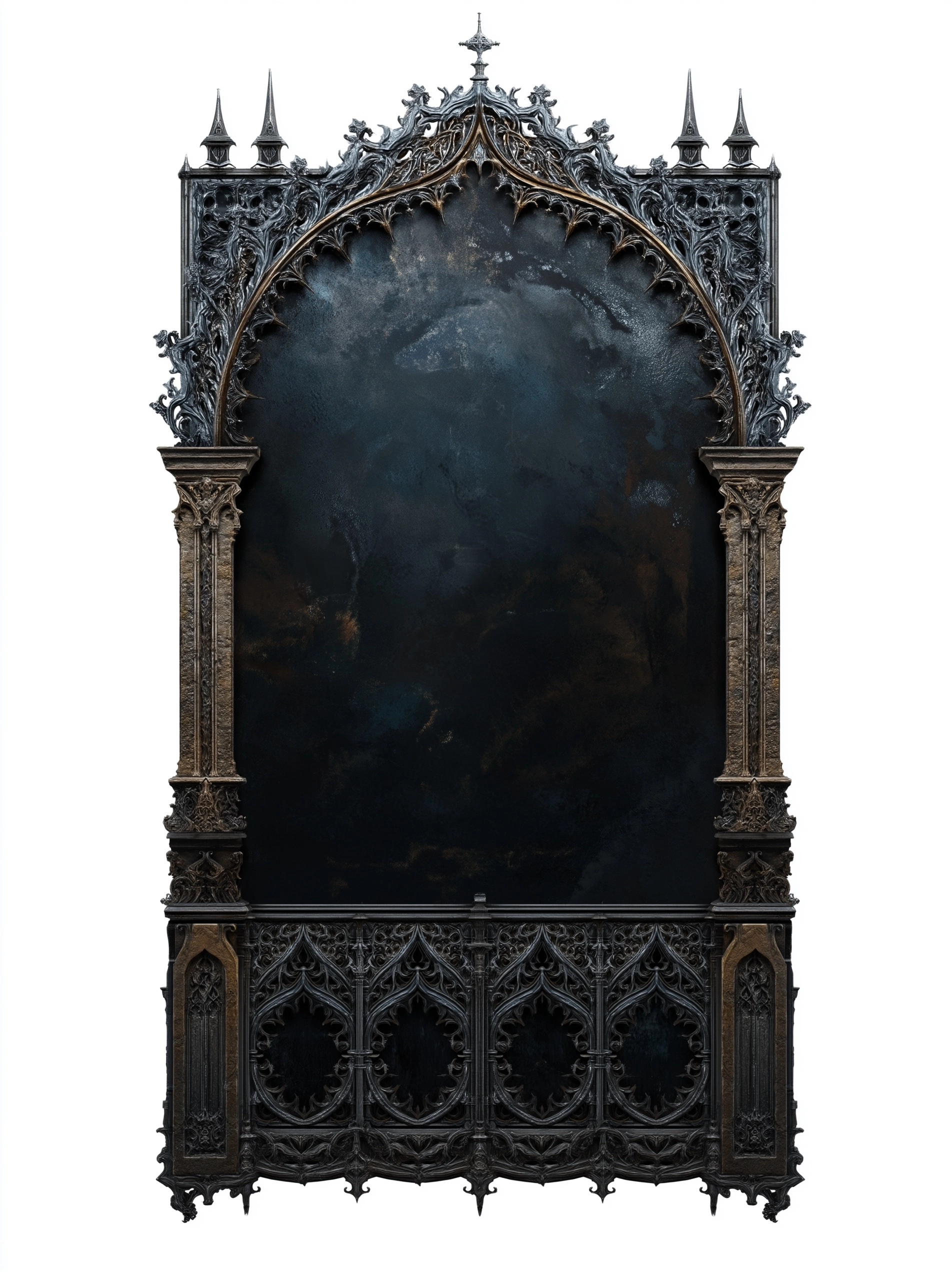 Blank vertical ınventory UI panel for a dark fantasy game, empty central area with zero assets
