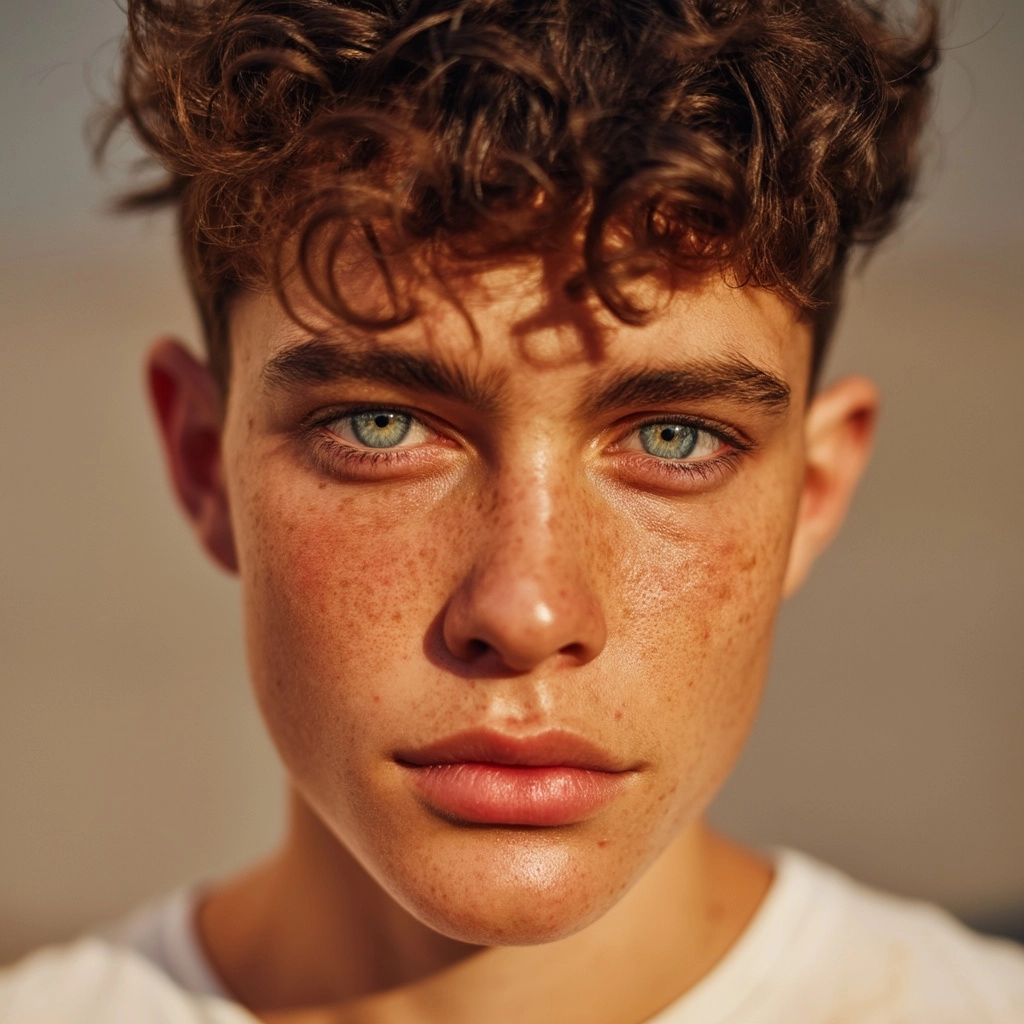Photorealistic portrait of a young person with visible acne and dark circles under eyes