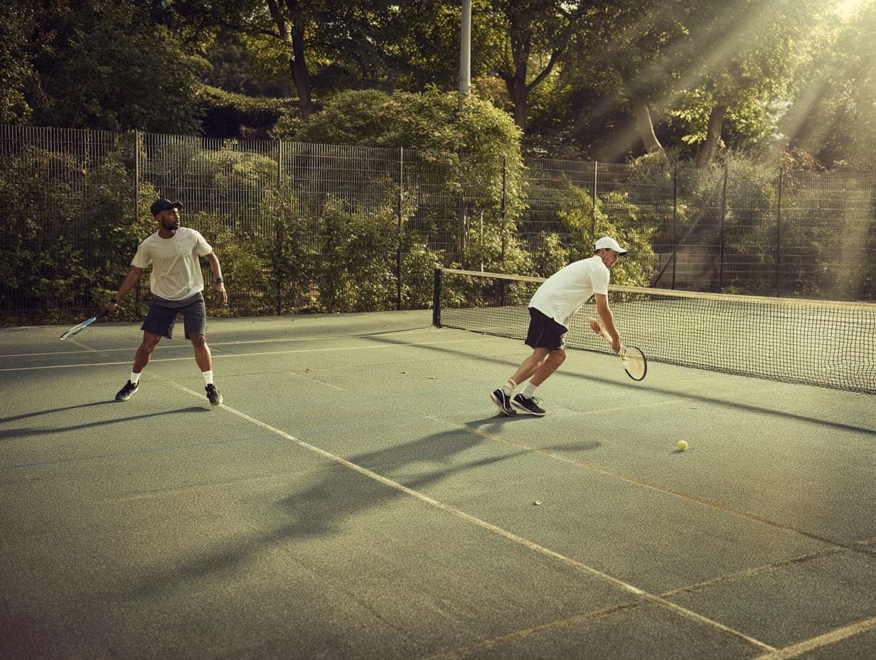 Billboard photography, soft natural lighting, two tennis players competing on the tennis court