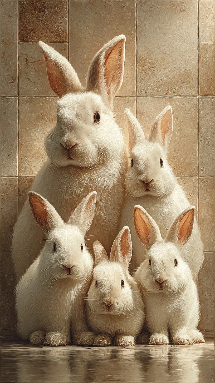 5 very little white rabbits in the tile salon, all rabbits is different size, general plan
