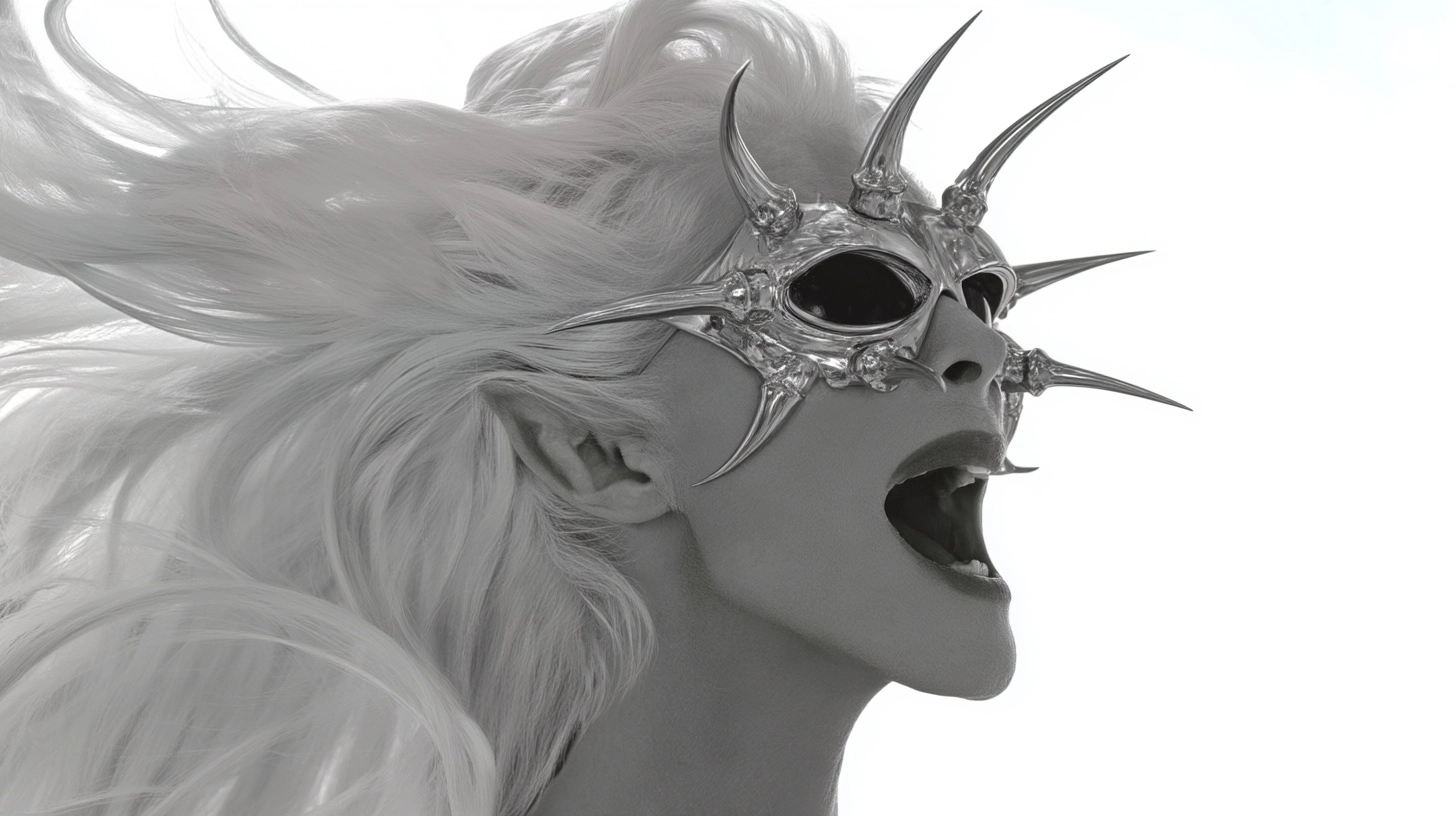 Editorial fashion portrait, older woman, platinum blonde hair whipping in wind