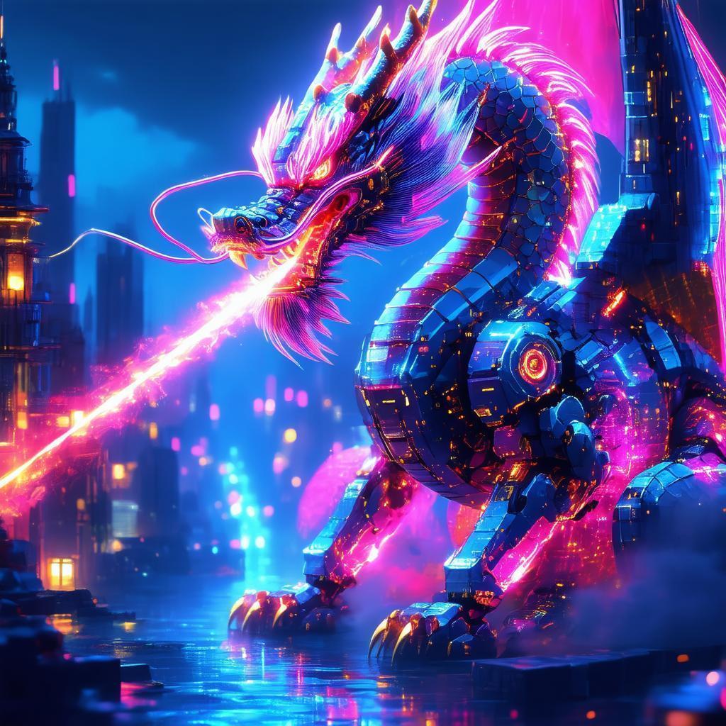 Neon Mech Dragon Firing Across the Skyline