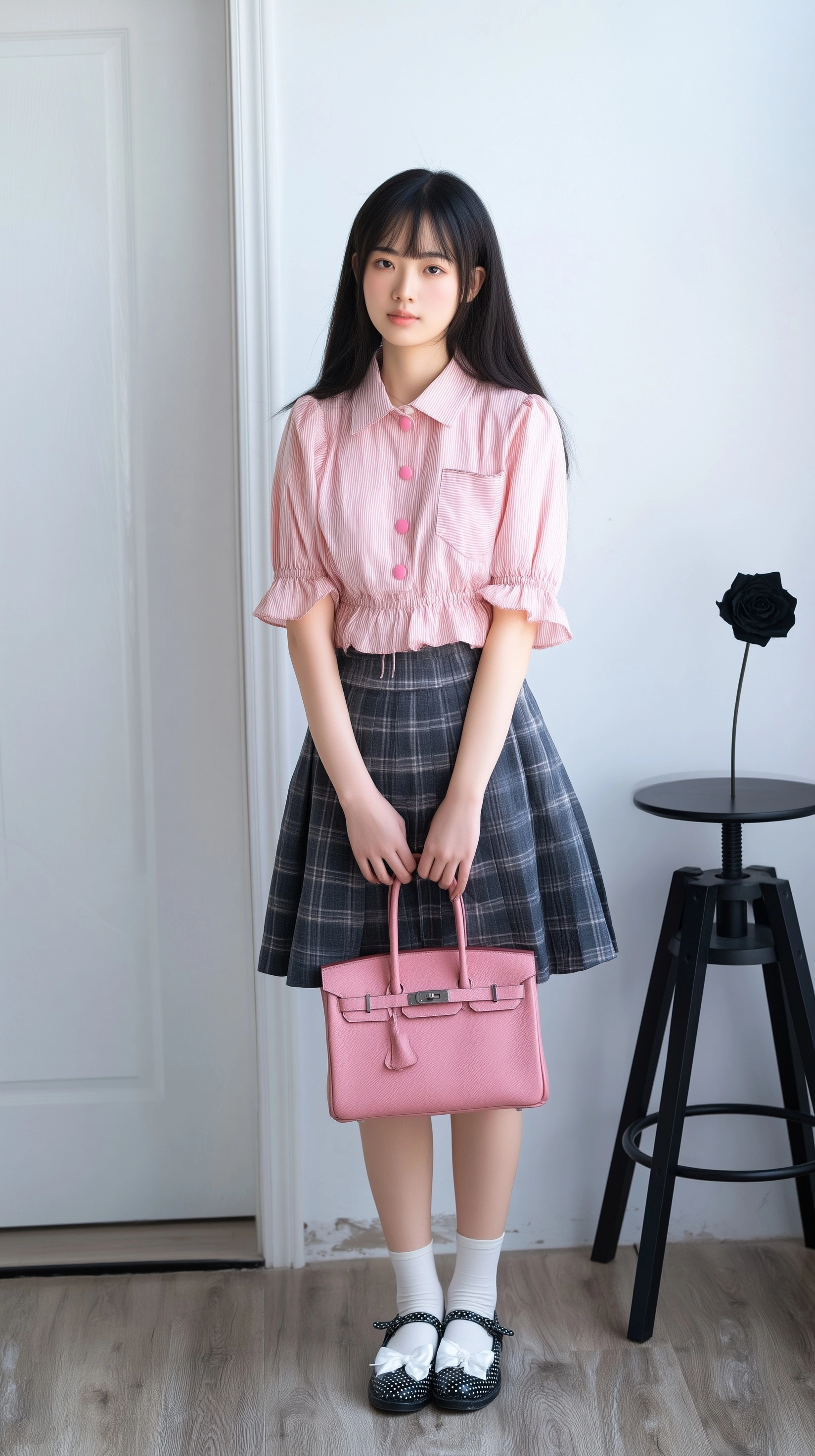Sweet East Asian Girl in a Pink Striped Shirt