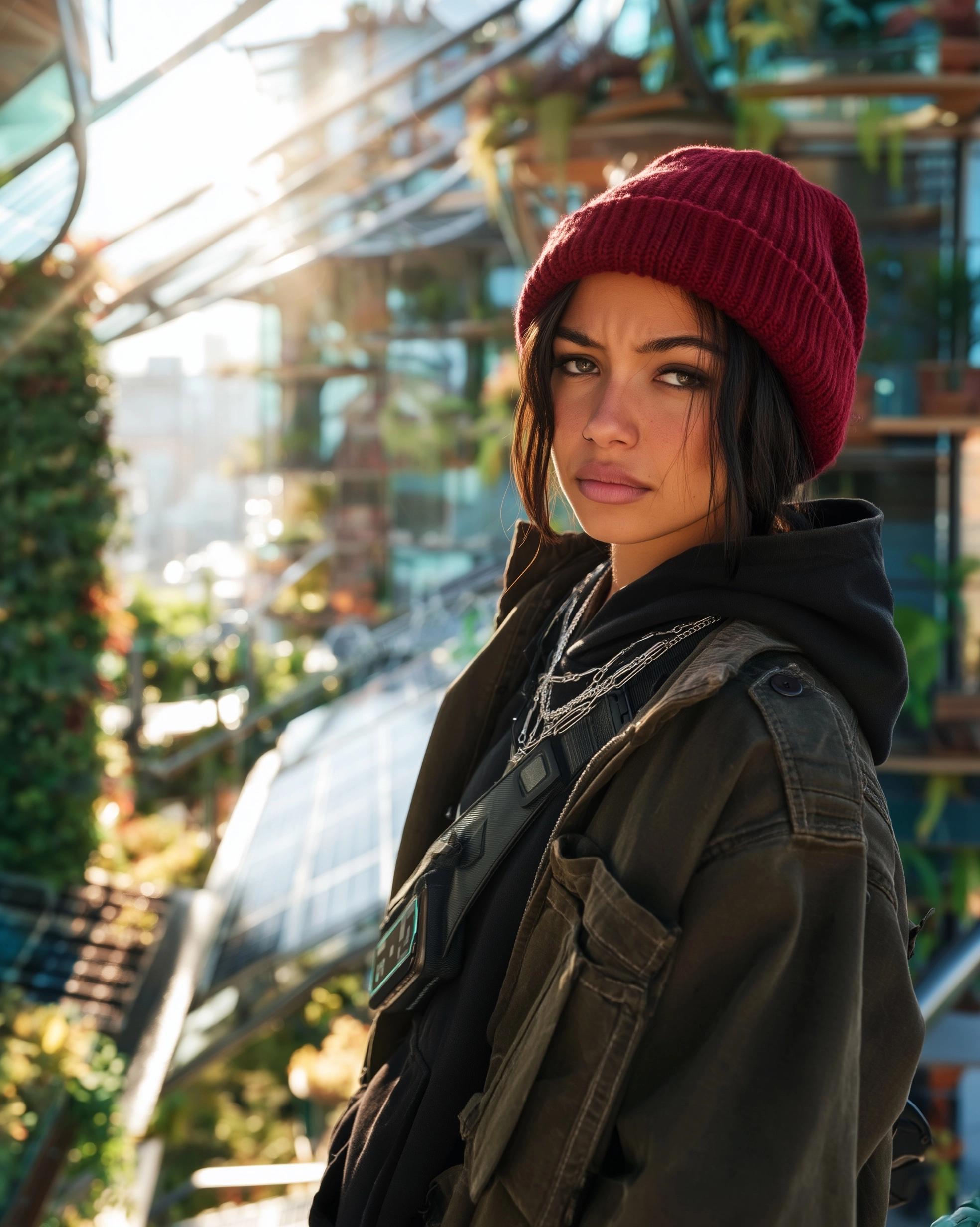 Street style character portrait of a moody 20-year-old woman in a bustling Solarpunk city