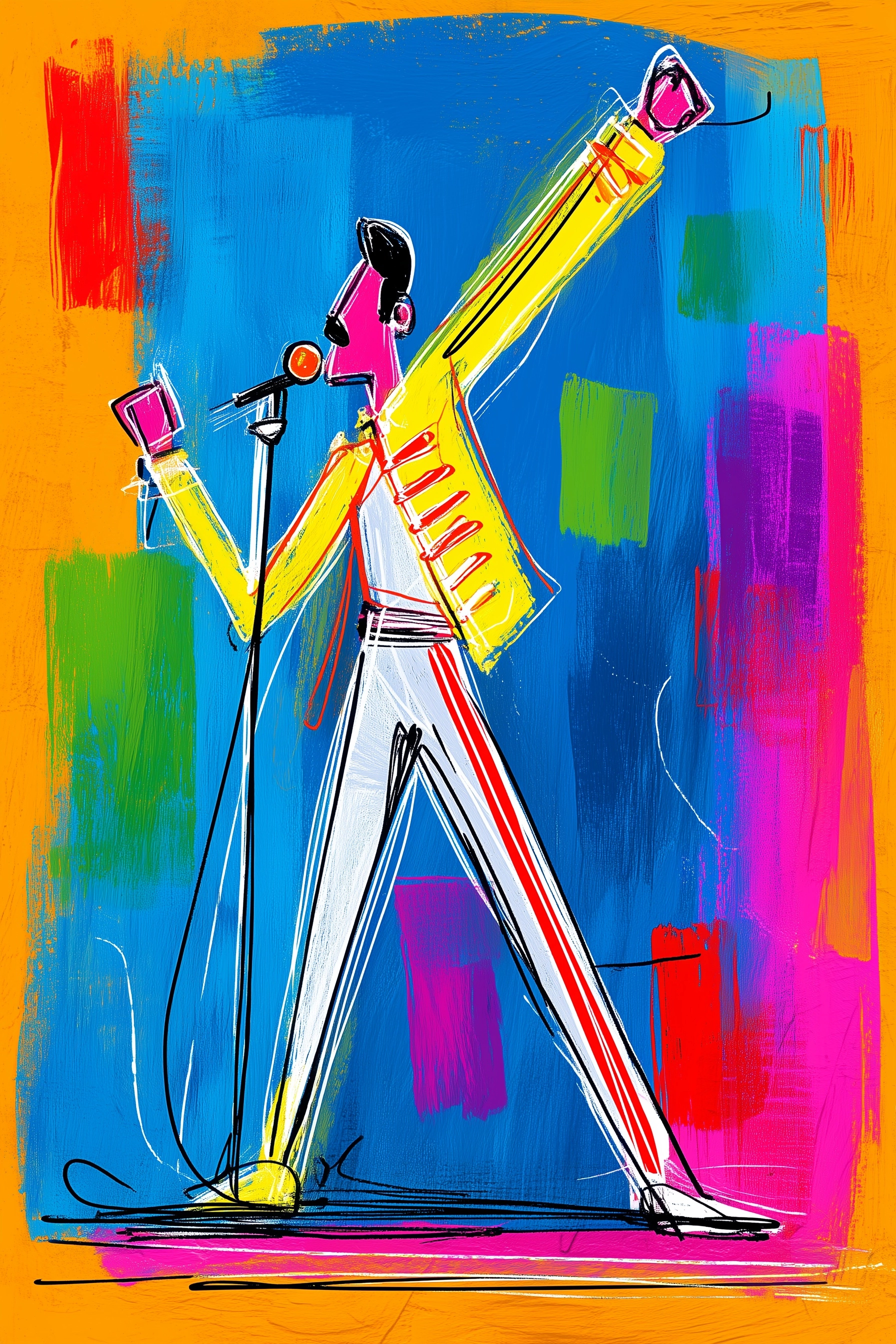 A simple drawing of a full Male rock singer on stage in the 1980s
