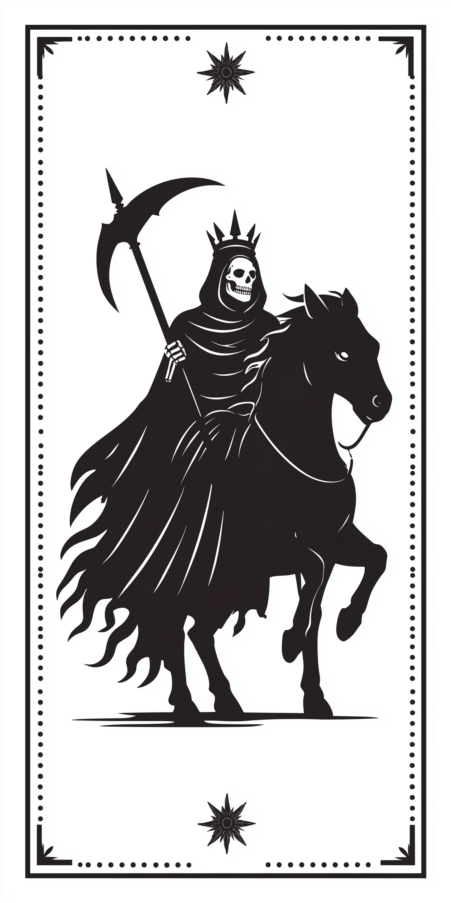 Grim Reaper wearing a crown and medieval knight armor on a horse, black ink on white background