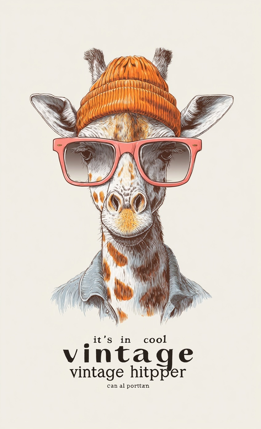 A cute giraffe wearing an orange beanie and pink sunglasses with the text "it's cool i am a vintage