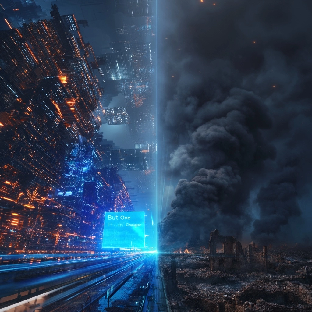 Contrast shot advanced futuristic city on one side, dark smoke and war ruins on the other side
