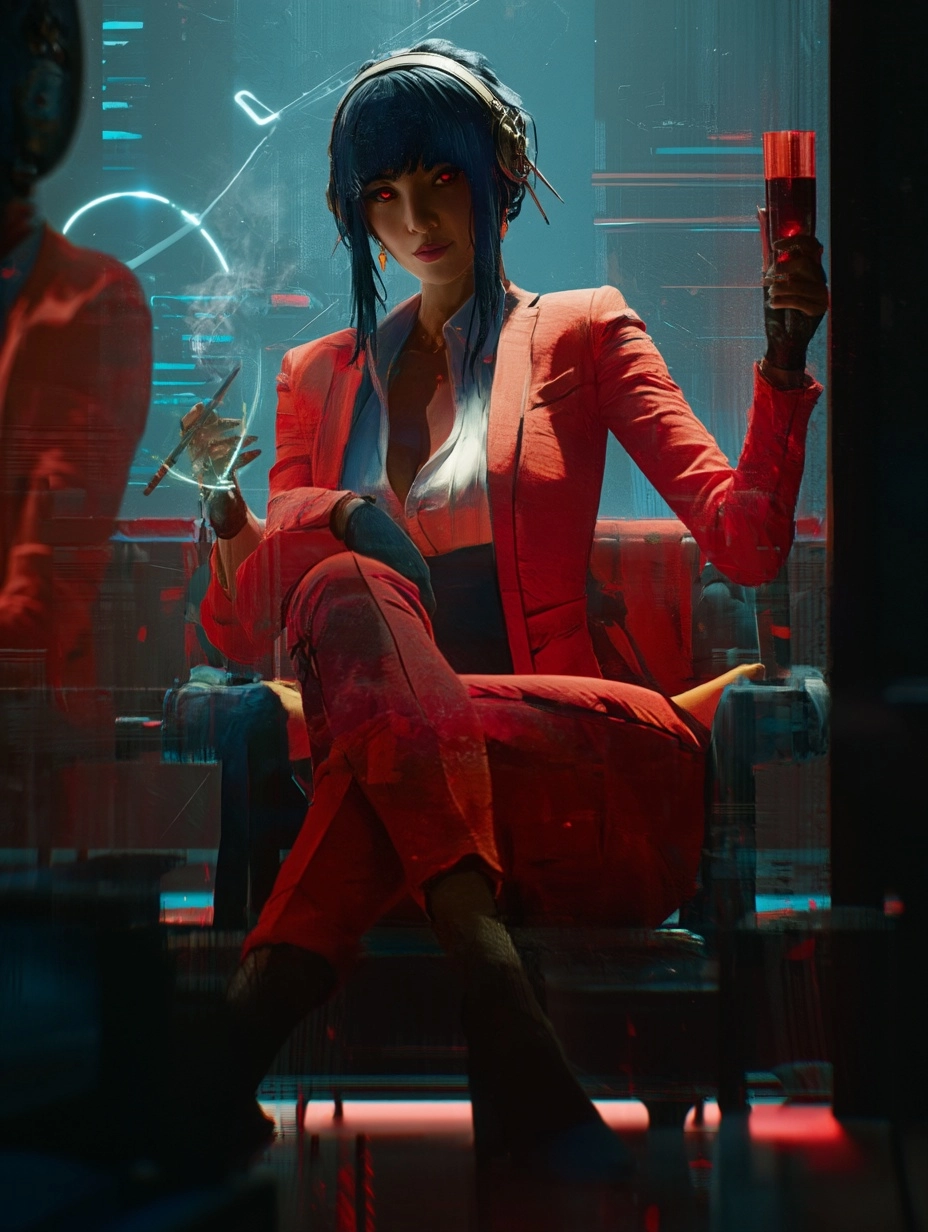 Japanese business woman, she wears a tight pantsuit that hugs her physique, red iris