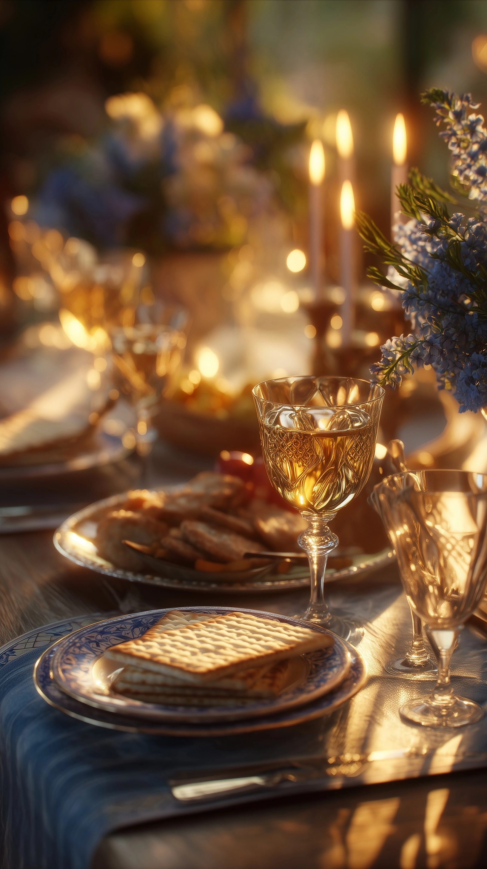 Passover seder table, traditional Jewish holiday dinner, matzah on a plate, wine glasses