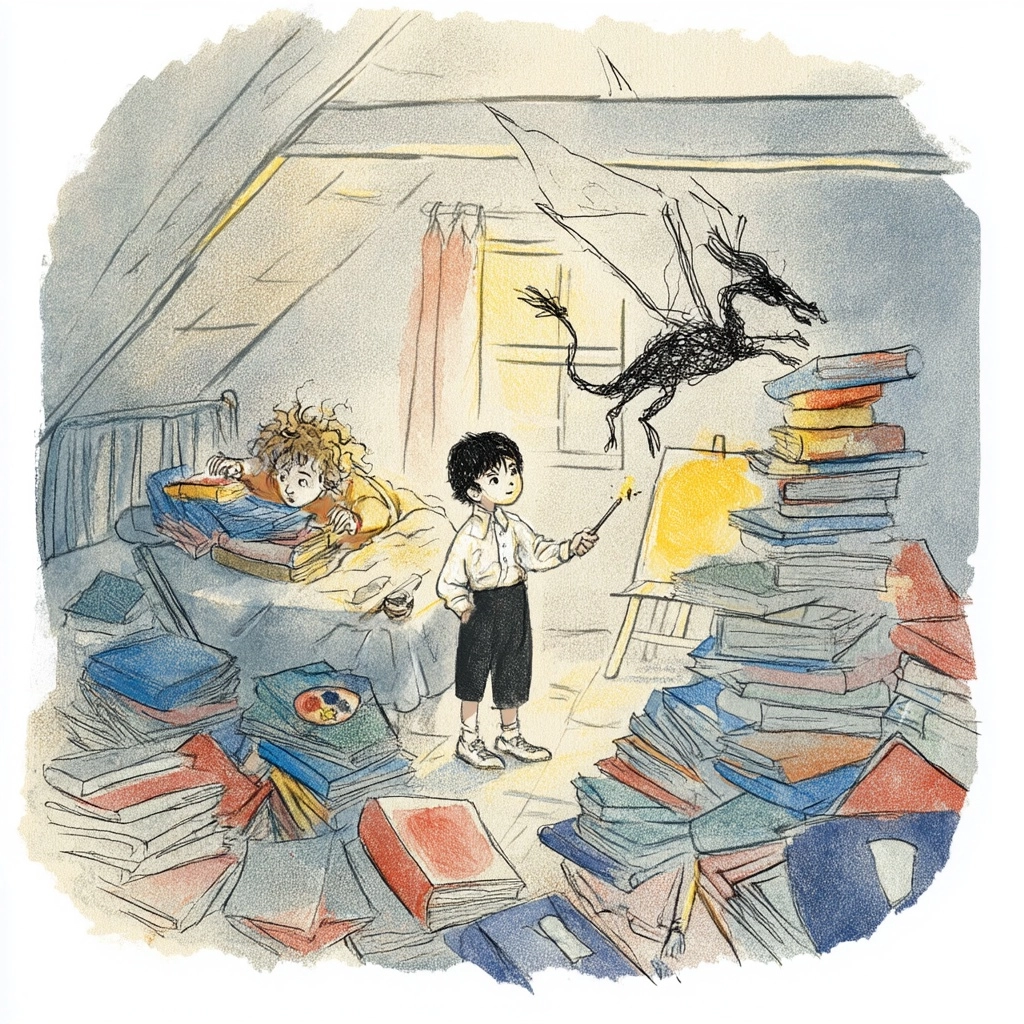 Whimsical 2D children's book illustration, flat hand-drawn style. A small attic room overflowing wit