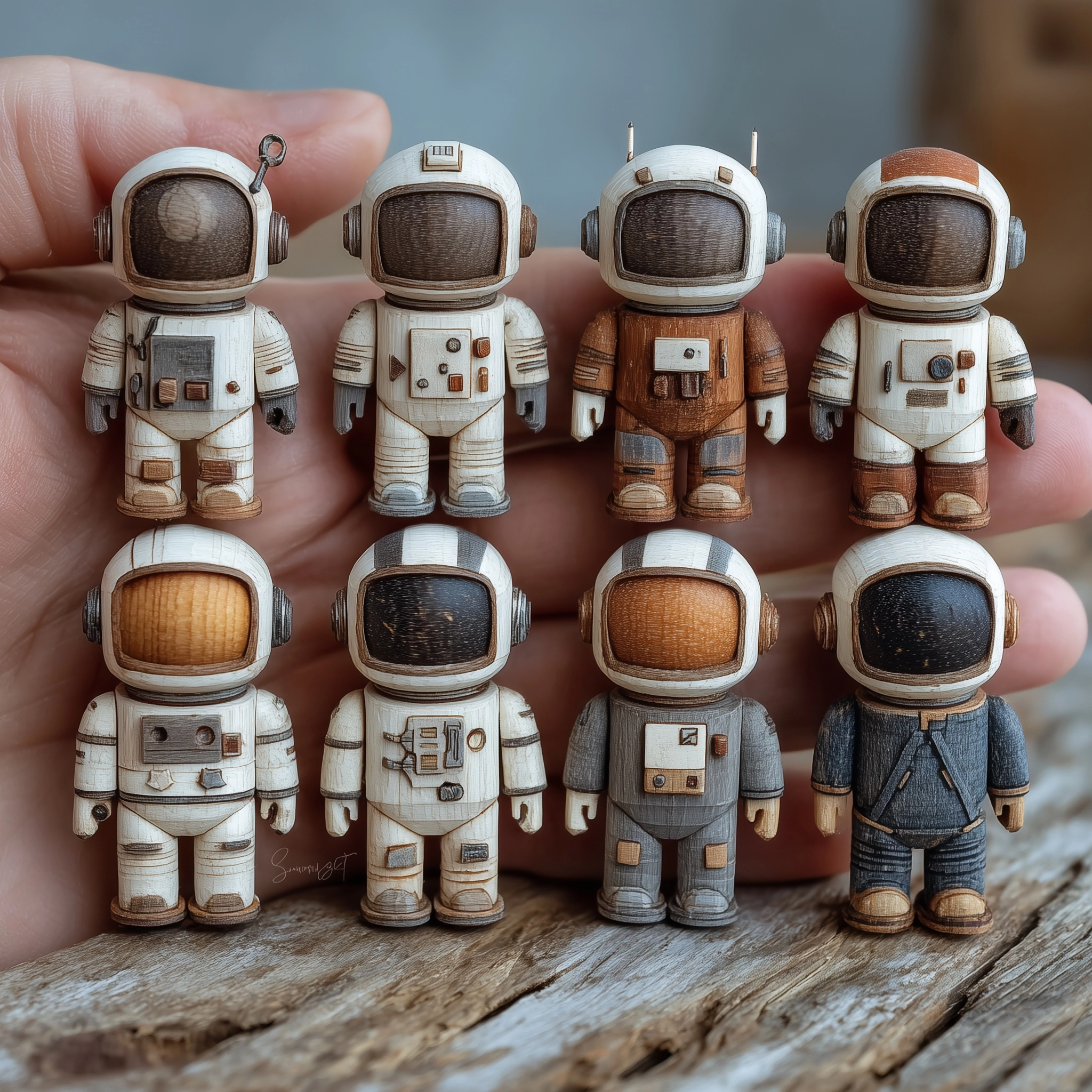 A thumbnail sheet of small astronaut basic wood carvings