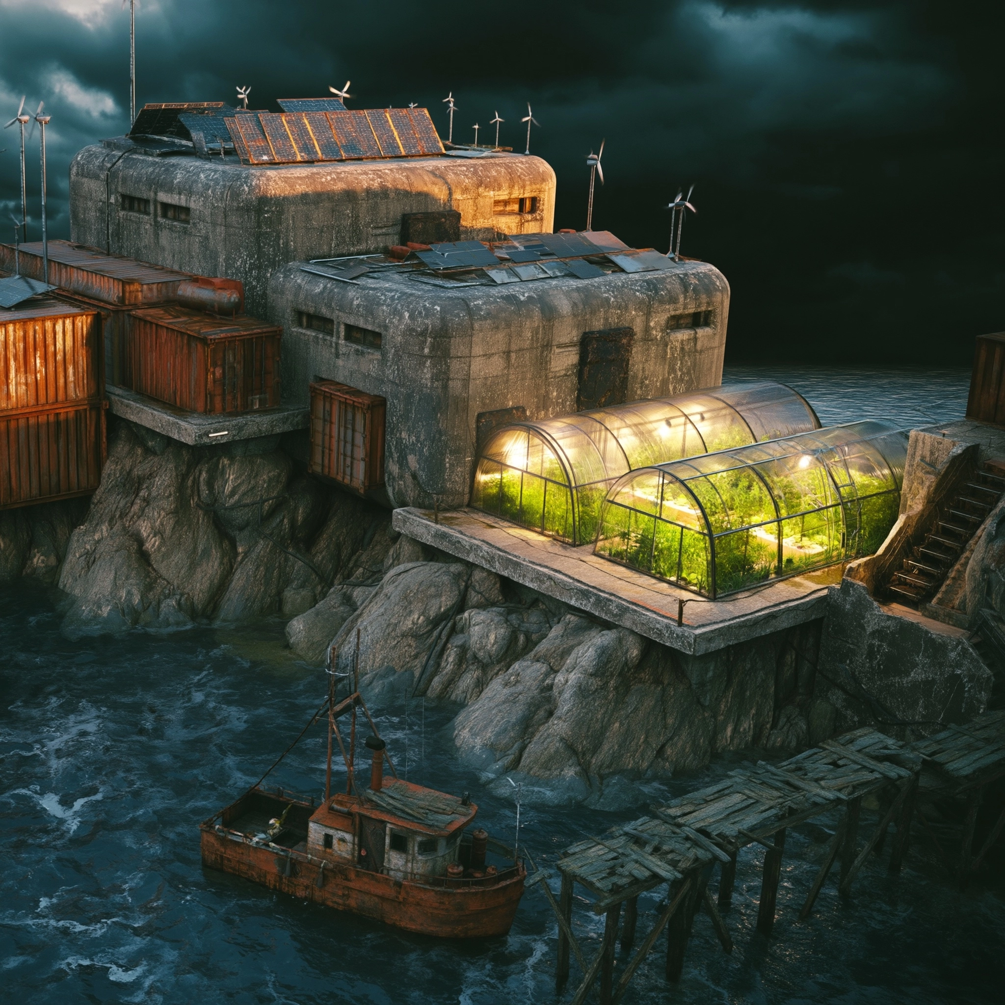 Cinematic realistic shot of a high-tech post-apocalyptic island sanctuary built on a rugged sea crag