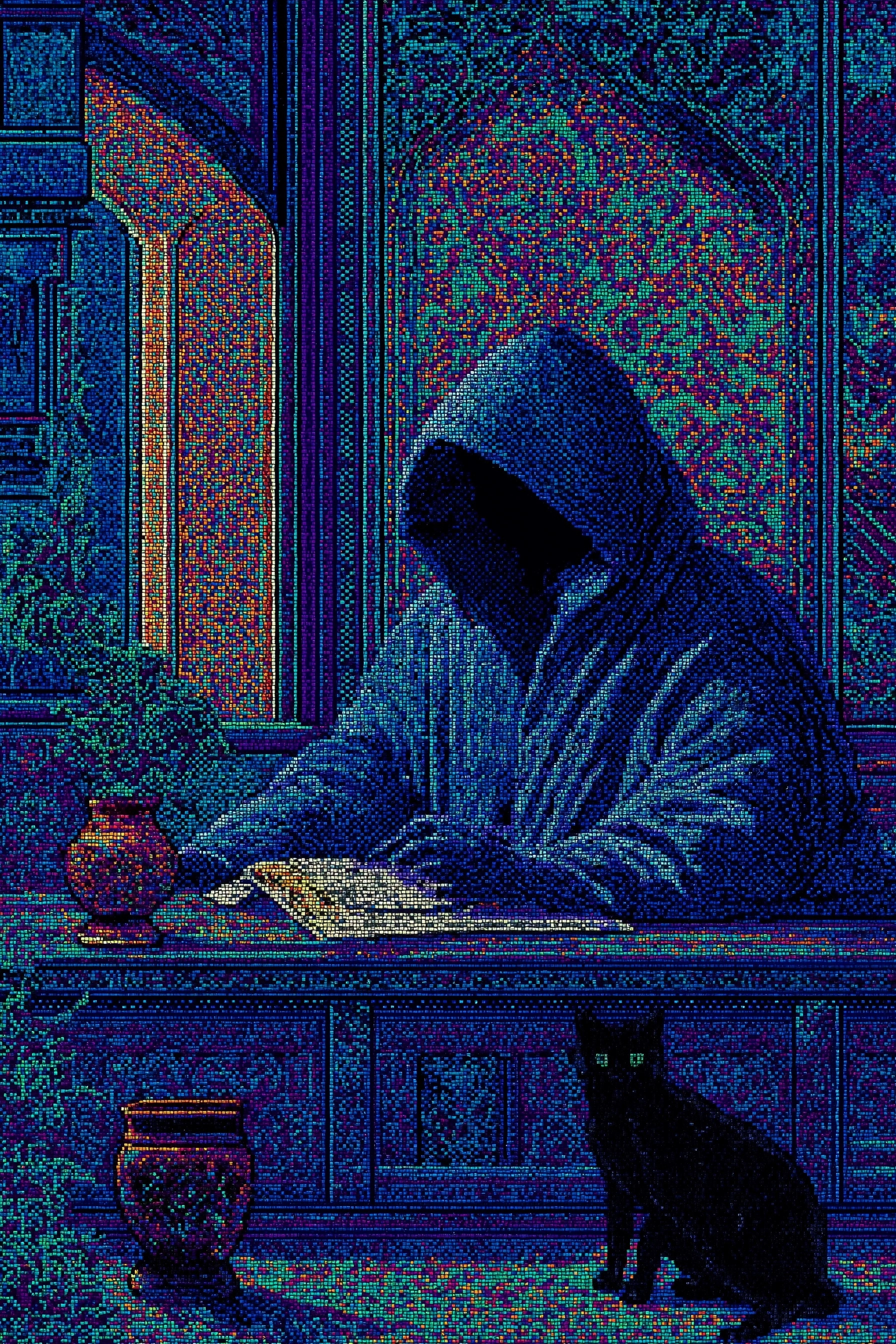 Cloaked hooded monk sitting at his desk while a black cat walks by, bold popping colors