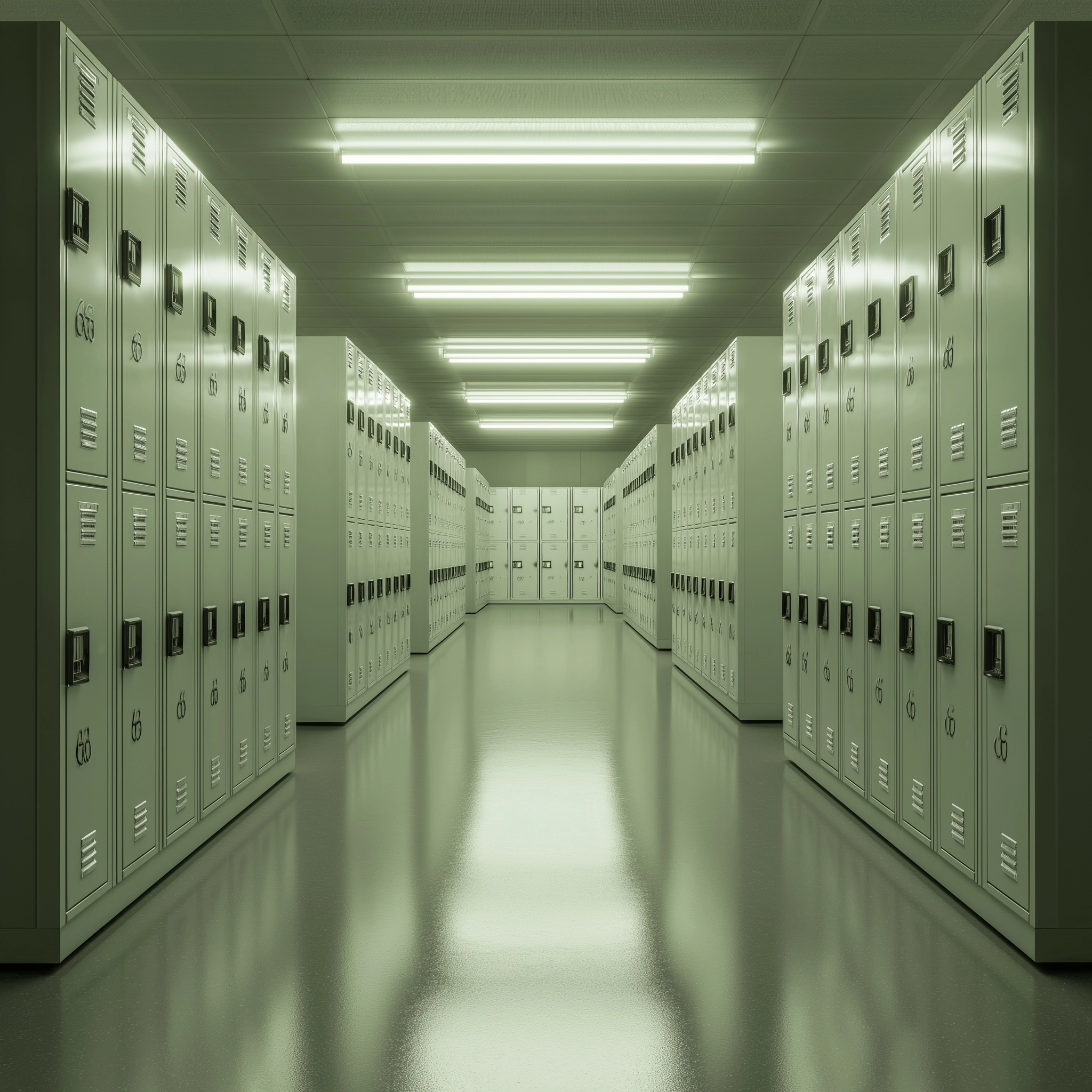 Corporate locker room with a maze of rows of identical lockers, clean and modern design