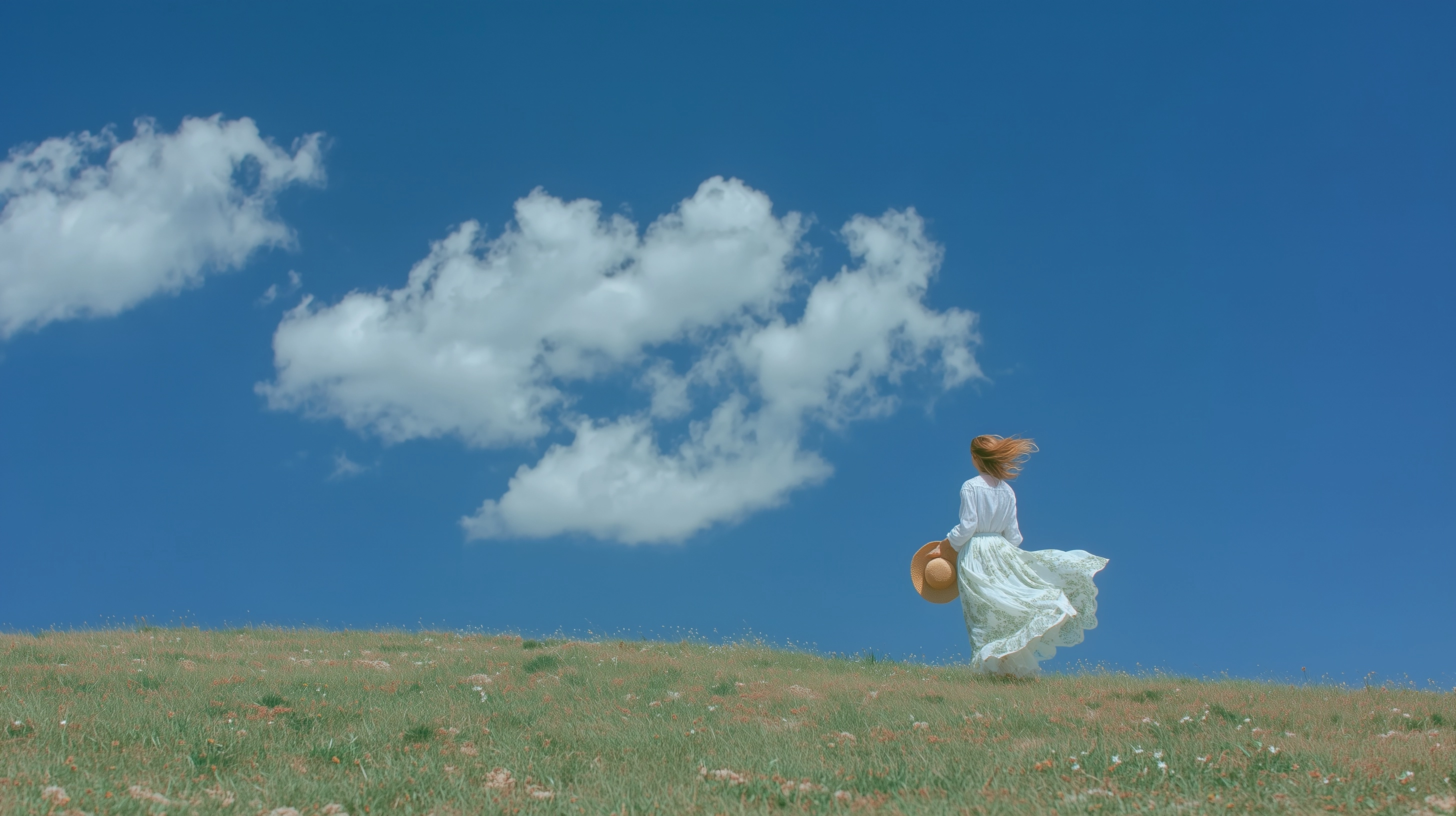 Girl Turning Away Holding a Straw Hat
