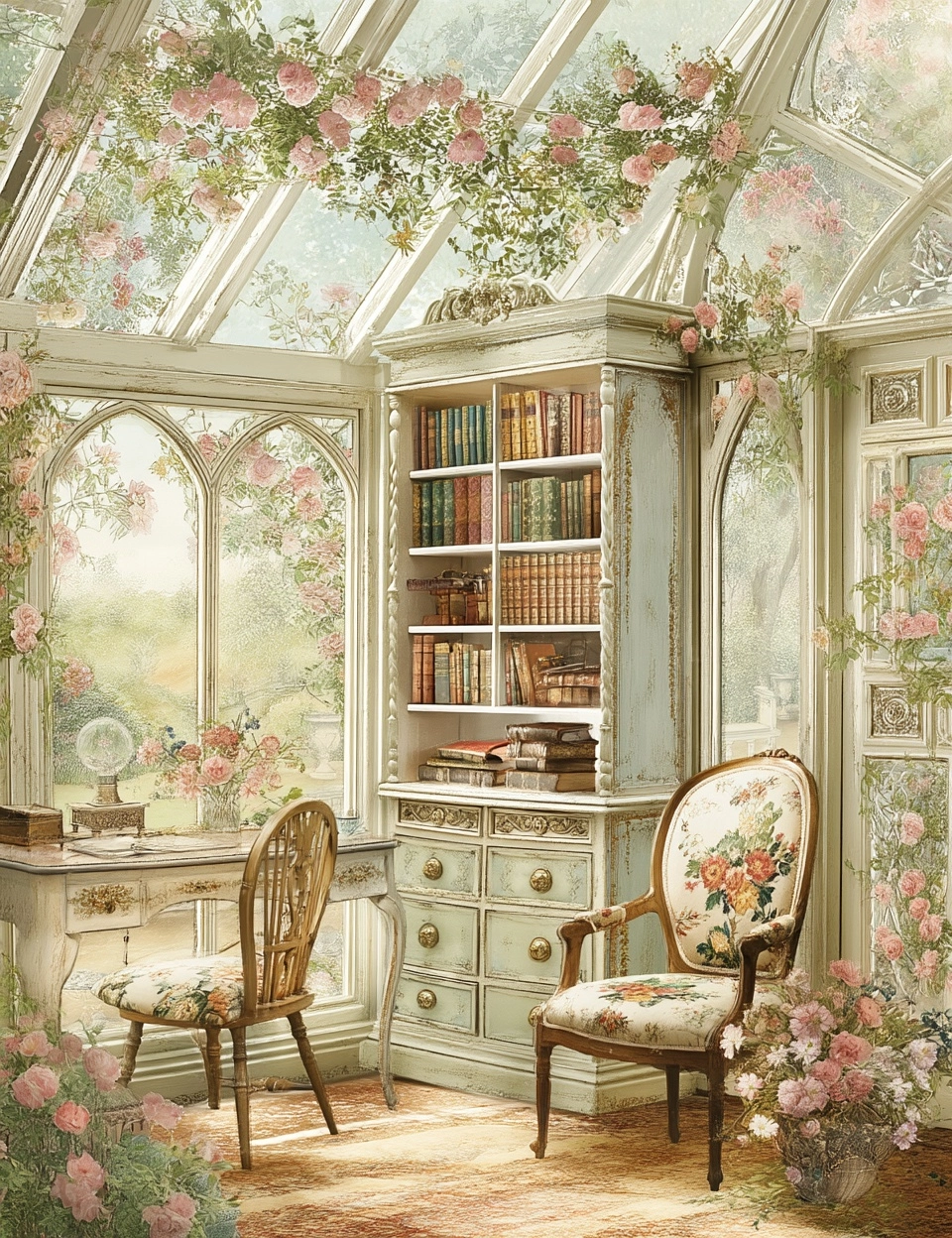 Cottagecore Victorian bookcase in a glass garden conservatory. A lady's elegant writing desk sits in