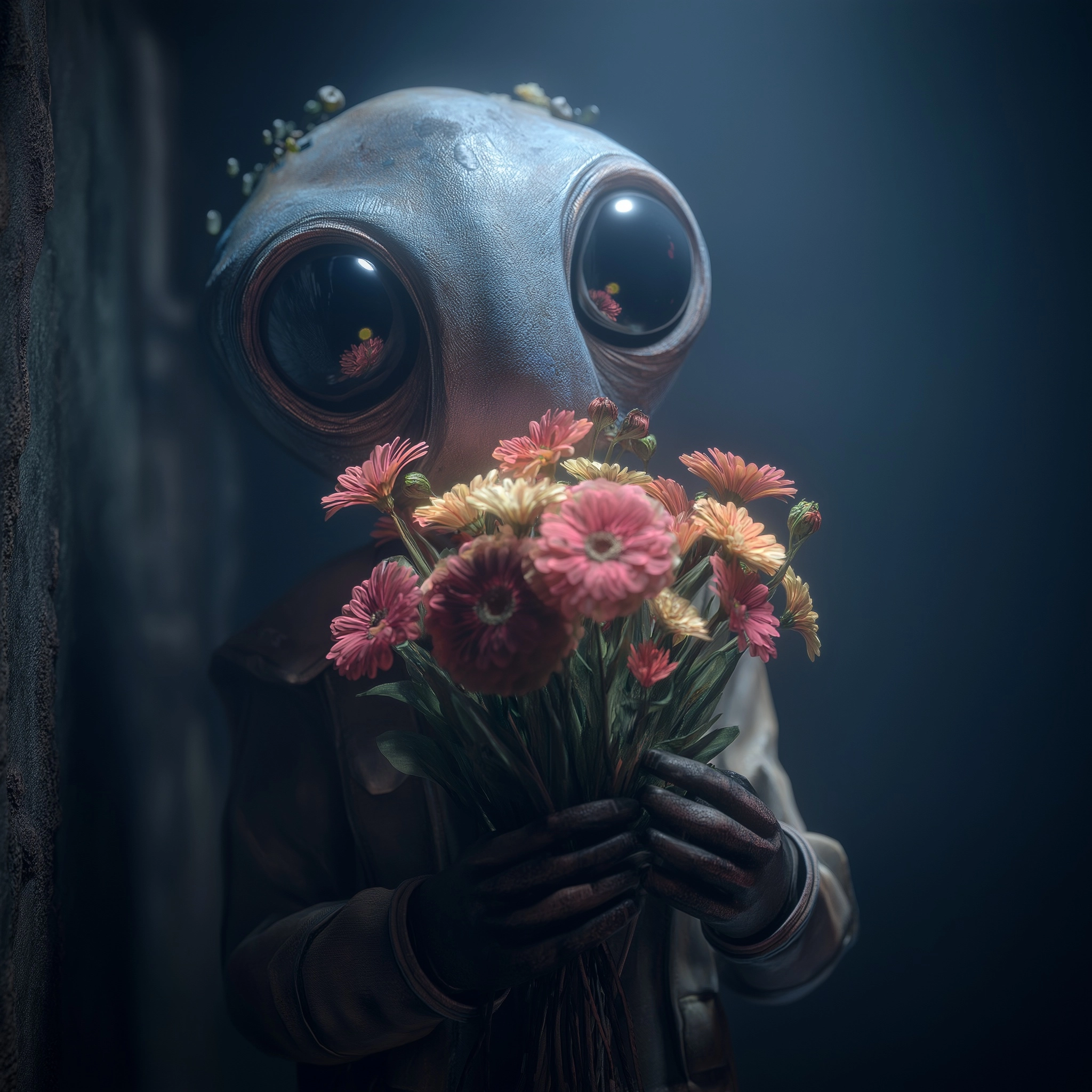 Create a peaceful loving l cosmic human with large eyes holding out a bouquet of freshly picked flow