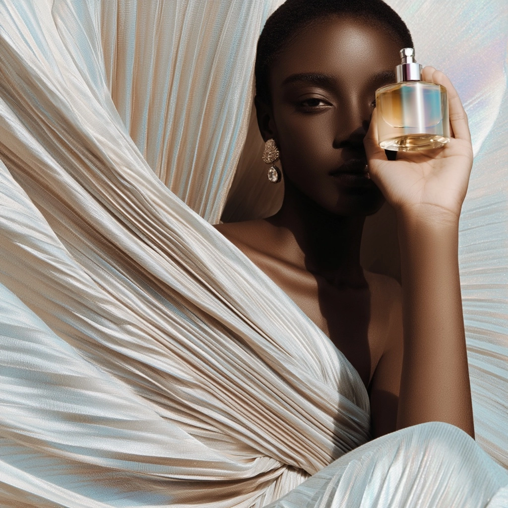 Crie um ensaio estilo editorial de moda feminina com foco em lançamento de perfume, surrealista