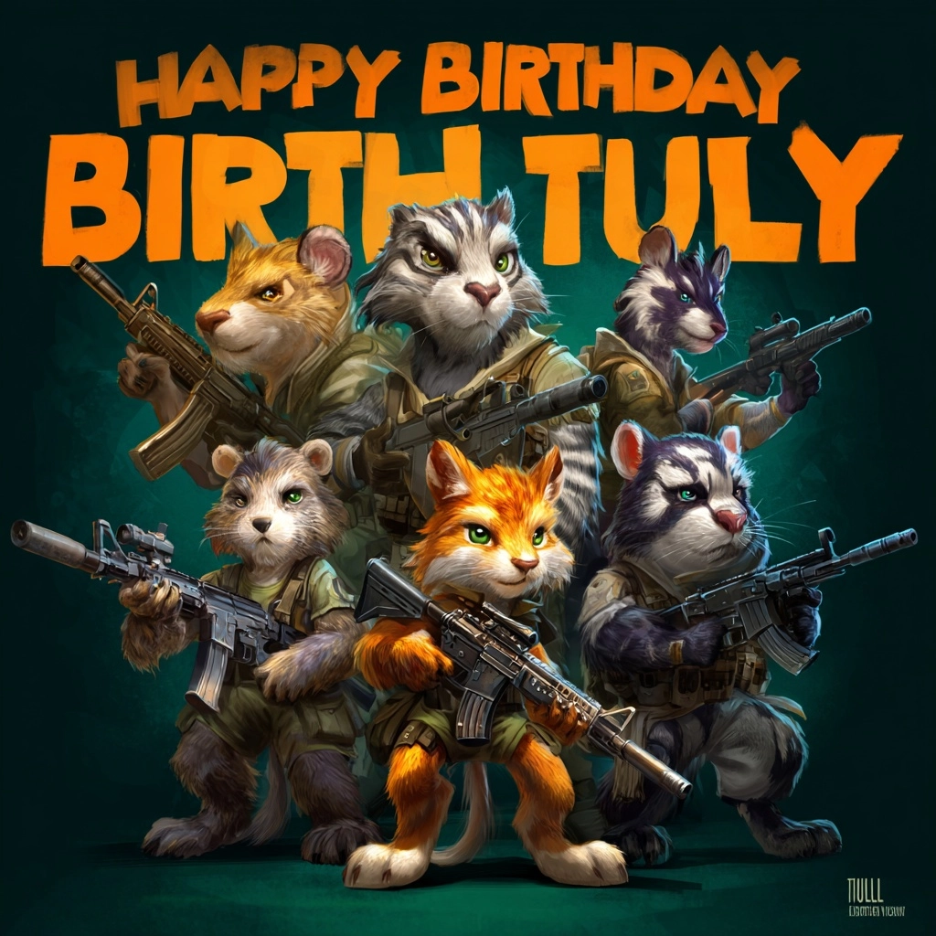 Cute cartoon animals with rifles celebrating with banner saying "HAPPY BIRTHDAY TULLY"