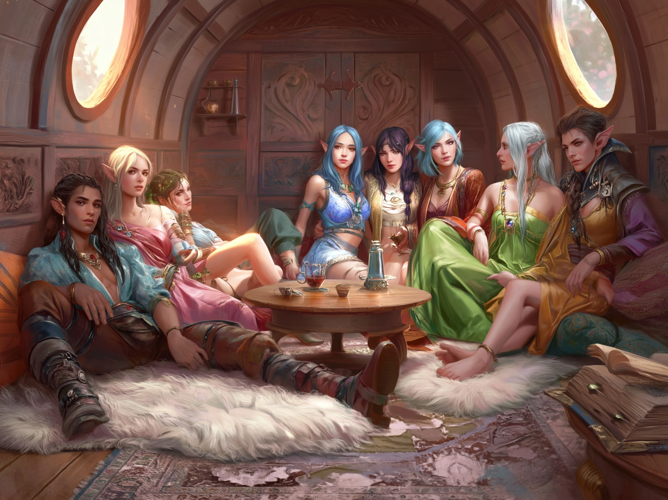 D&D source book image, a polycule ofmale and female elves in brightly colored clothing and robes lou