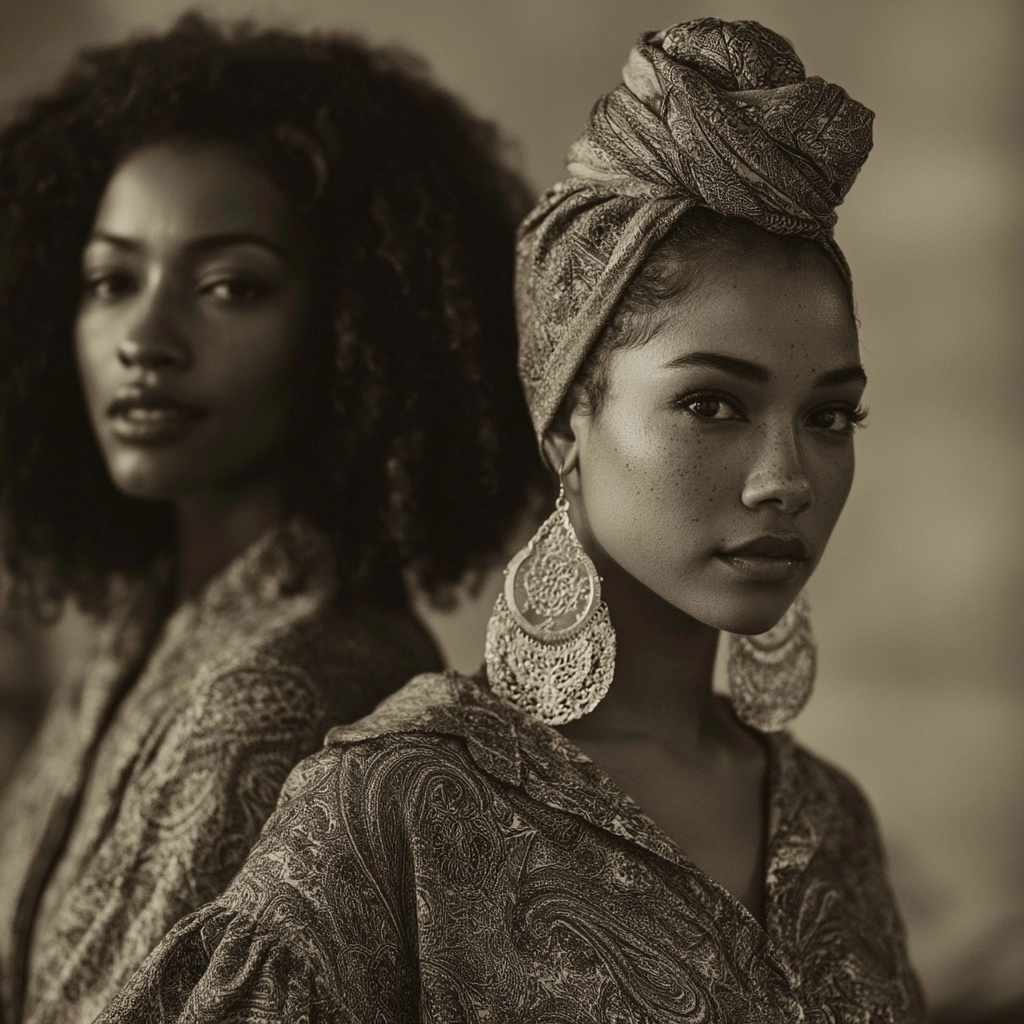 Sujeto y Composición: Un primer plano de dos mujeres Panafricanas con cabello afro rizado natural. L