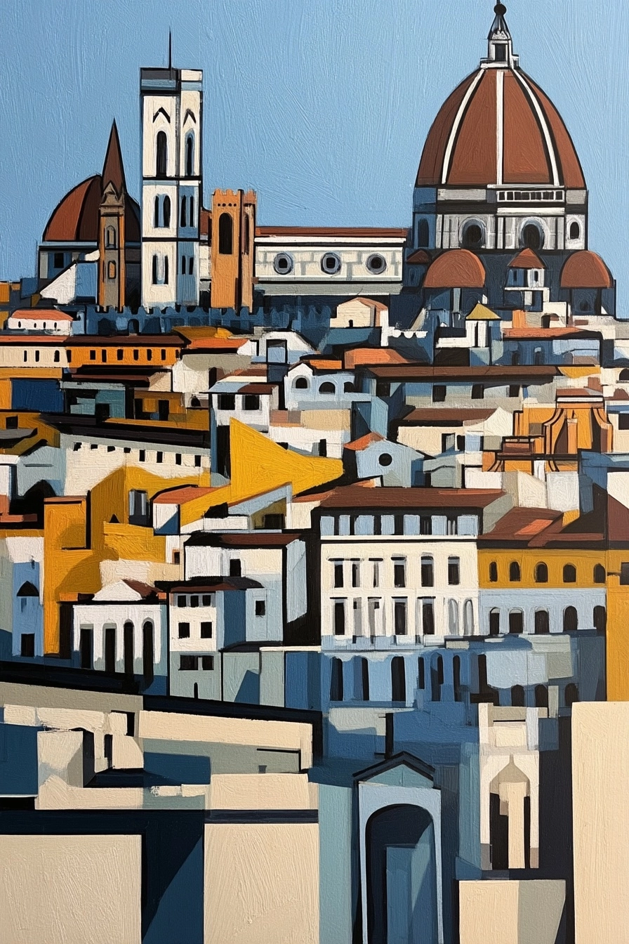 Depict Florence in a fusion style of Picasso's Cubism, Neoclassicism