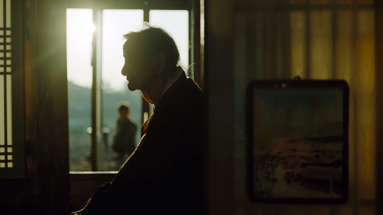 A poetic, cinematic backlighting photograph in a Traditional Korean home. An incredibly elderly Kore
