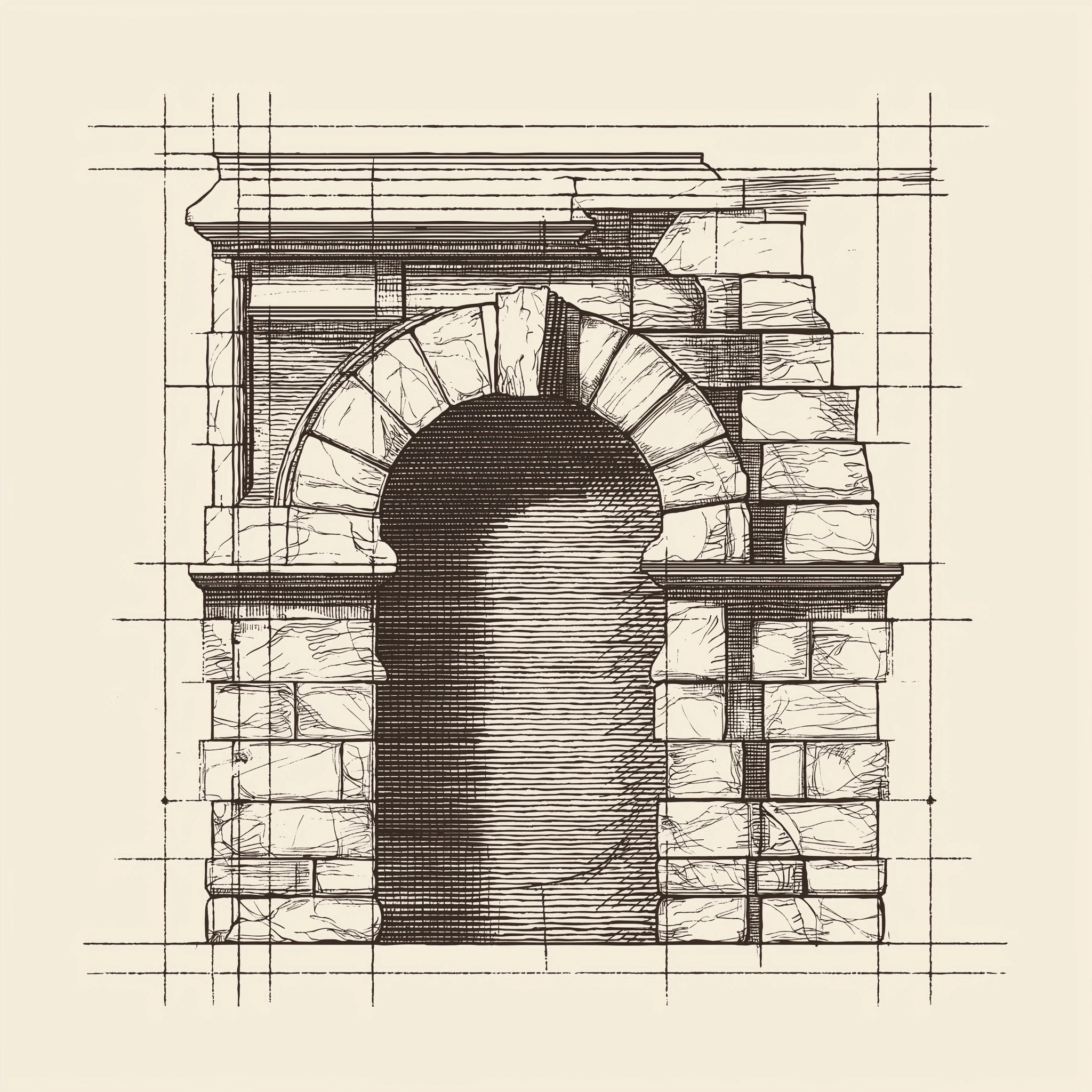 Detailed architectural technical drawing of Roman voussoir arch cross-section, ink