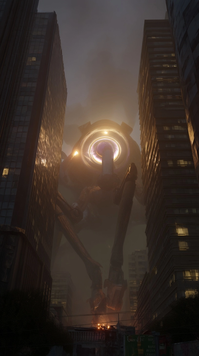 Enormous asymmetrical war mech dominating city skyline at dusk, dramatic lighting