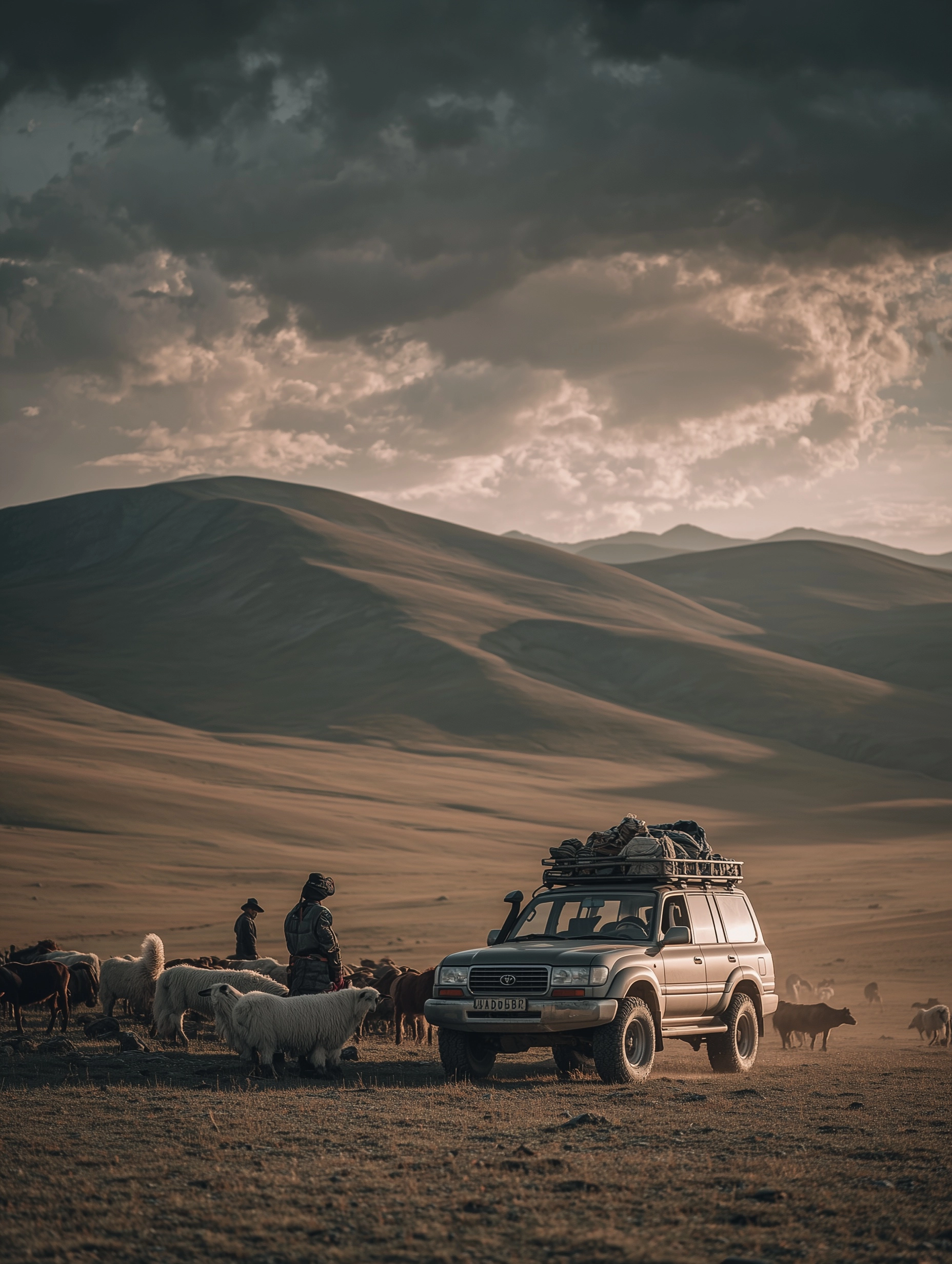 Expedition-ready Toyota Land Cruiser driving across vast Mongolian plains