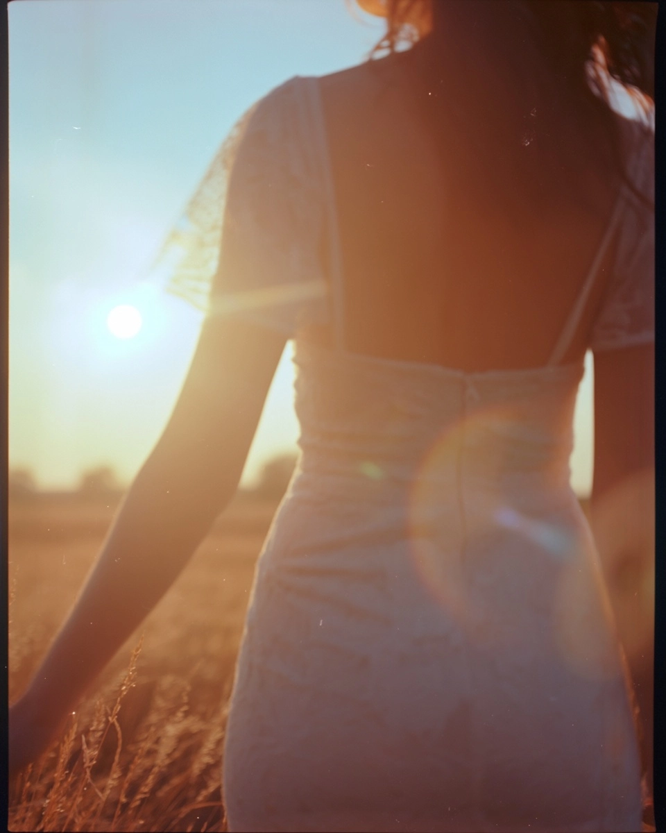 Expired Kodak Ektar 35mm photo of a woman's hips wearing elegant lace summer dress walking through a