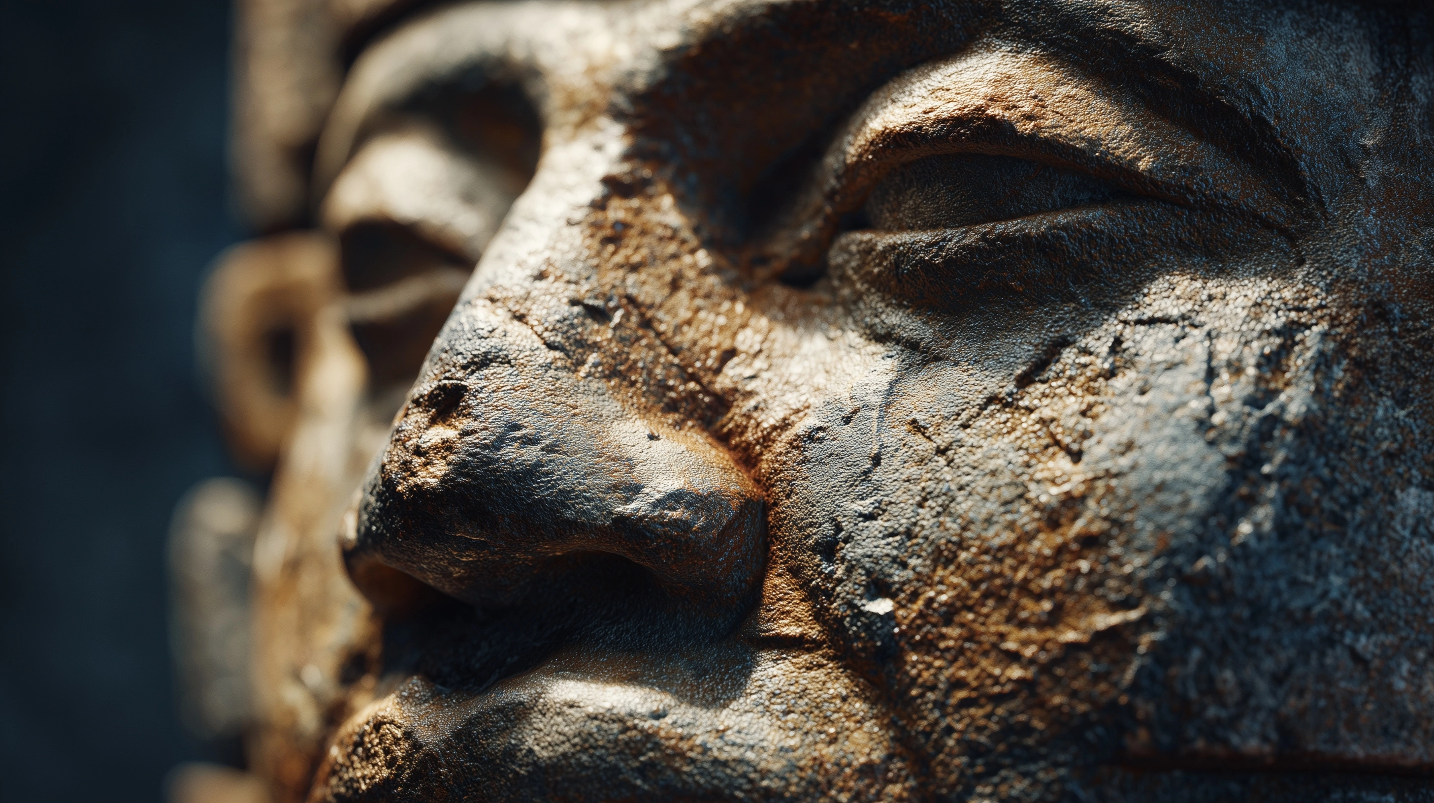 Extreme close-up of ancient olmec colossal head face, highly detailed stone texture