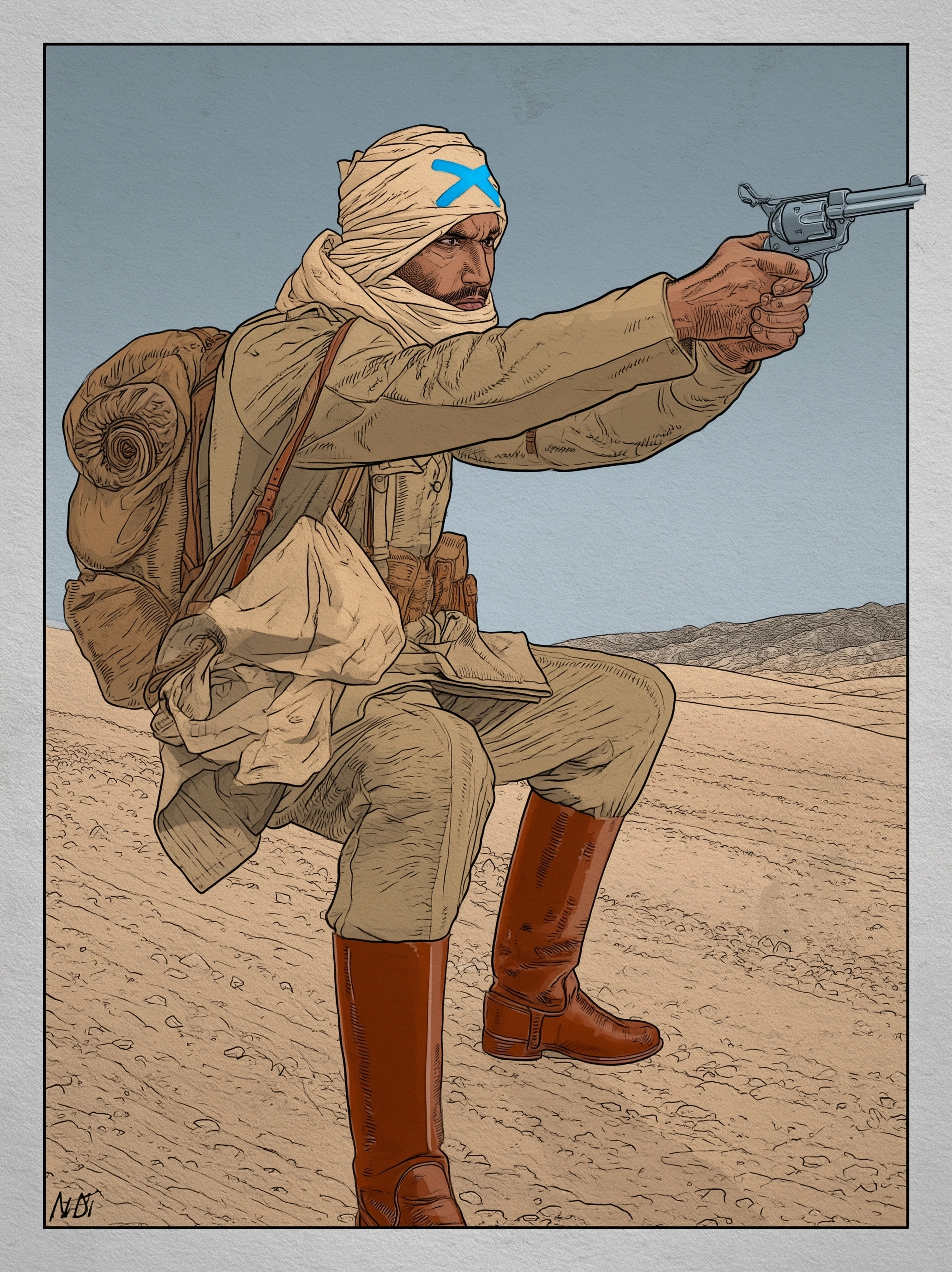 Comics illustration of a man in khaki military uniform, backpack, tall brown leather boots