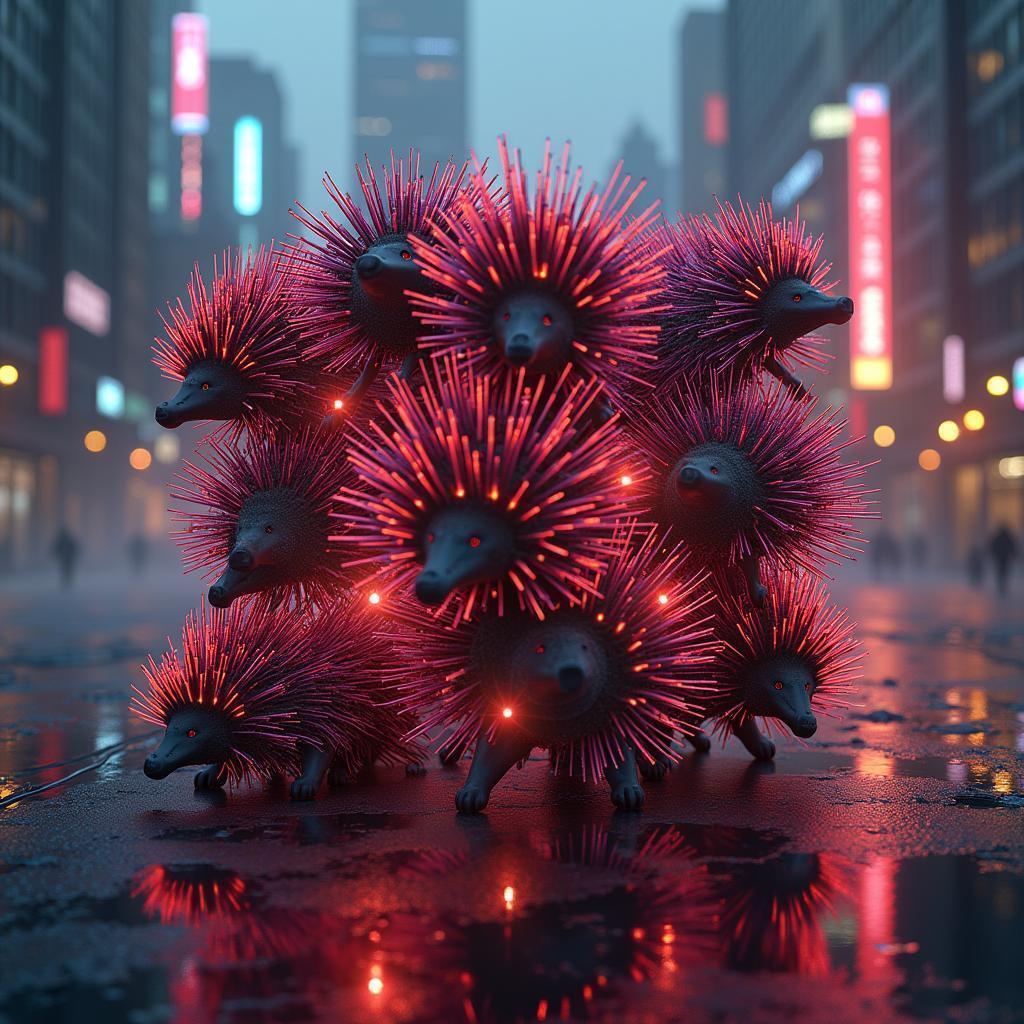 Neon Cube of Cybernetic Porcupines at Dusk