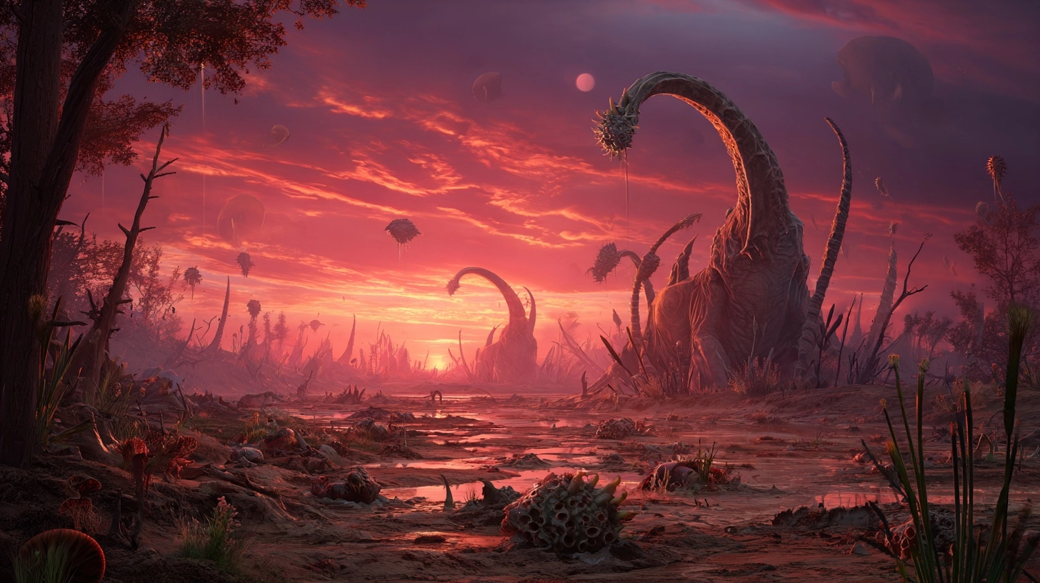Post apocalyptic landscape, red and orange sky, different bizarre and horrifying eldirtch creatures