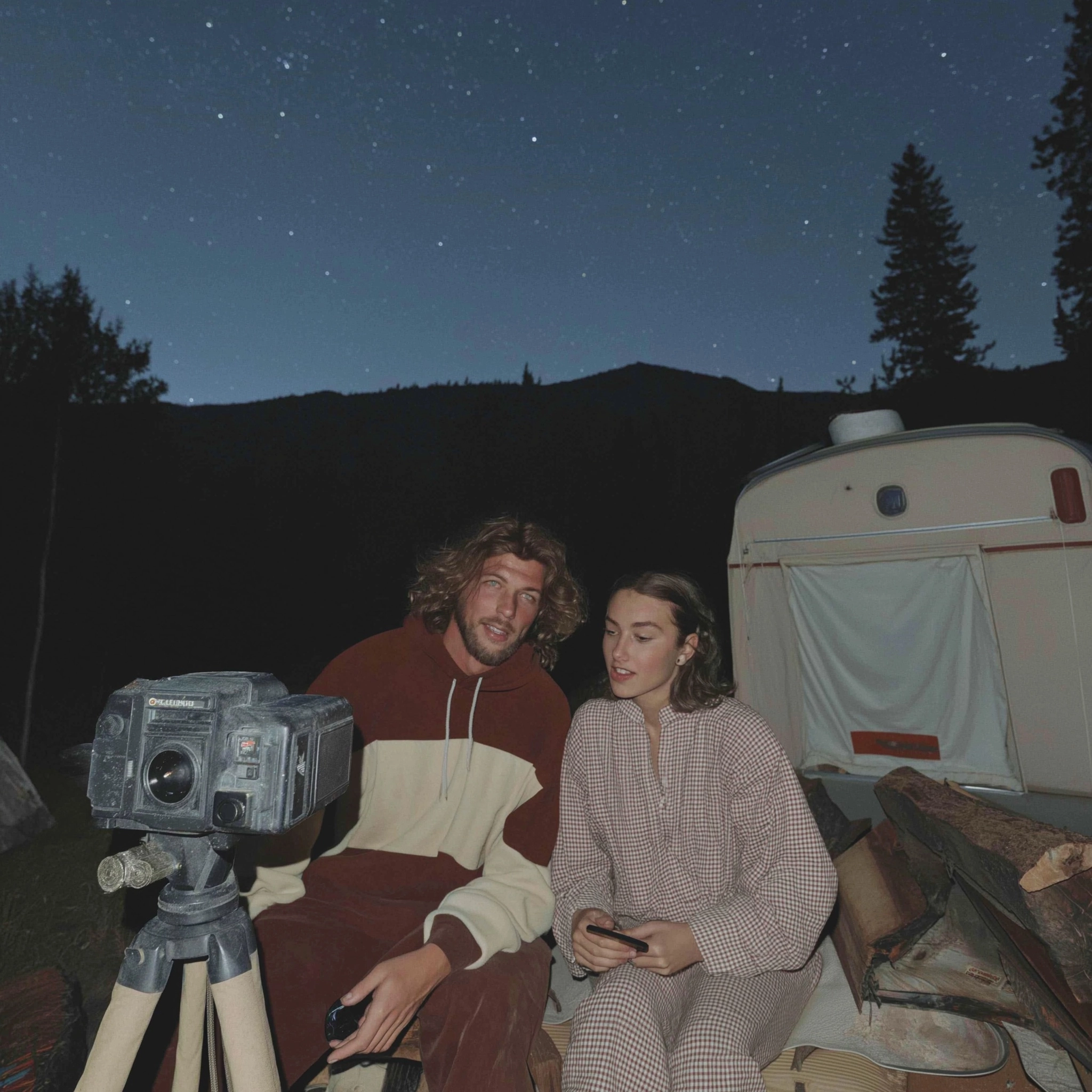 Father and older teen daughter looking at professional camera rested on tripod pointed toward the st