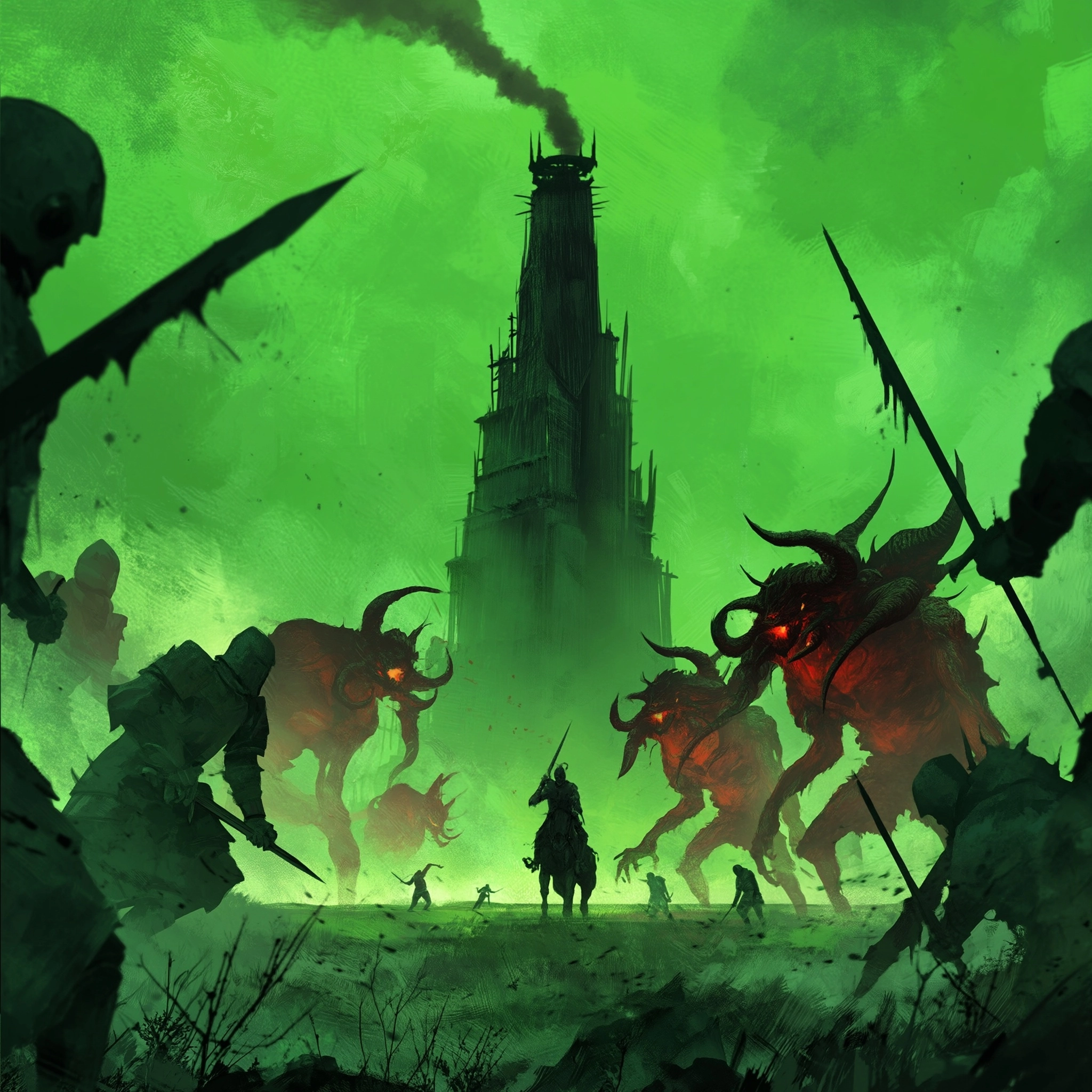 Fight between Humans and Demons with a Dark Tower in background of the Battlefield with a green back