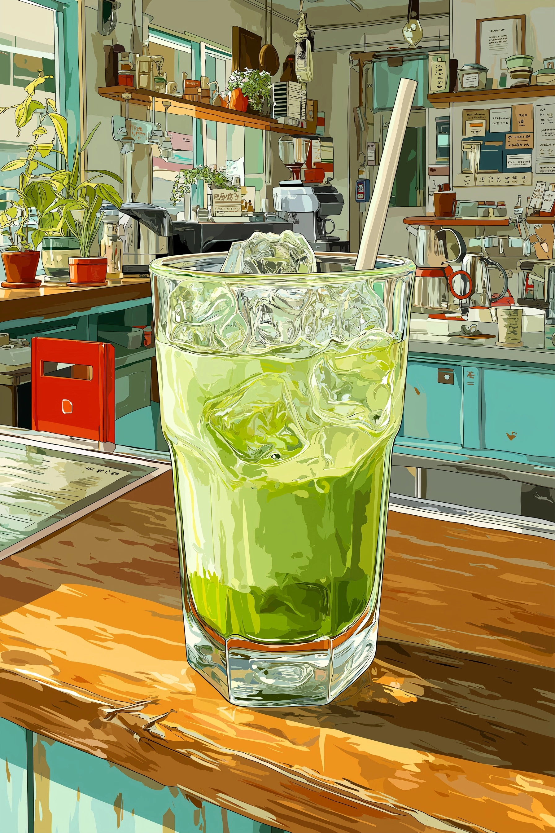 Flat digital illustration of an iced matcha latte in a clear glass with ice cubes and a white straw