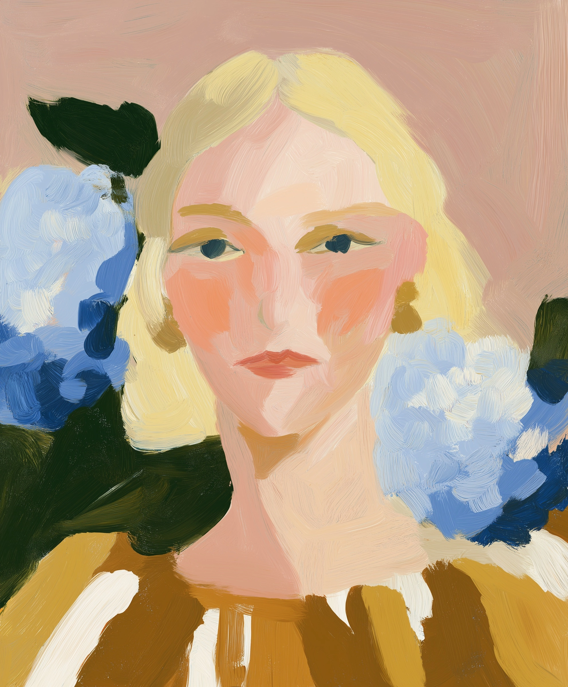 Flat illustrative artwork of a dark blond french woman in an parisian appartement with flower wallpa
