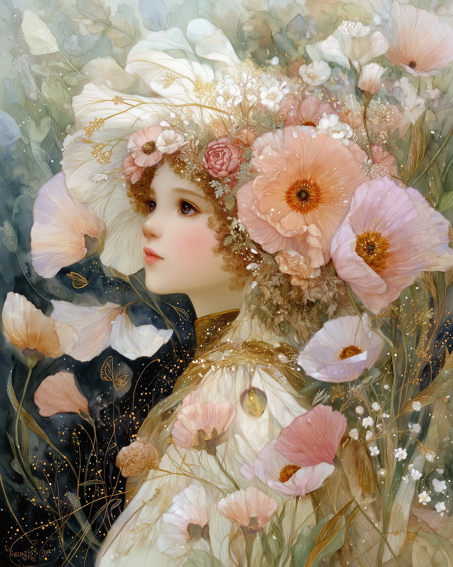 Spring gnome wearing a delicate floral crown, surrounded by floating pastel petals