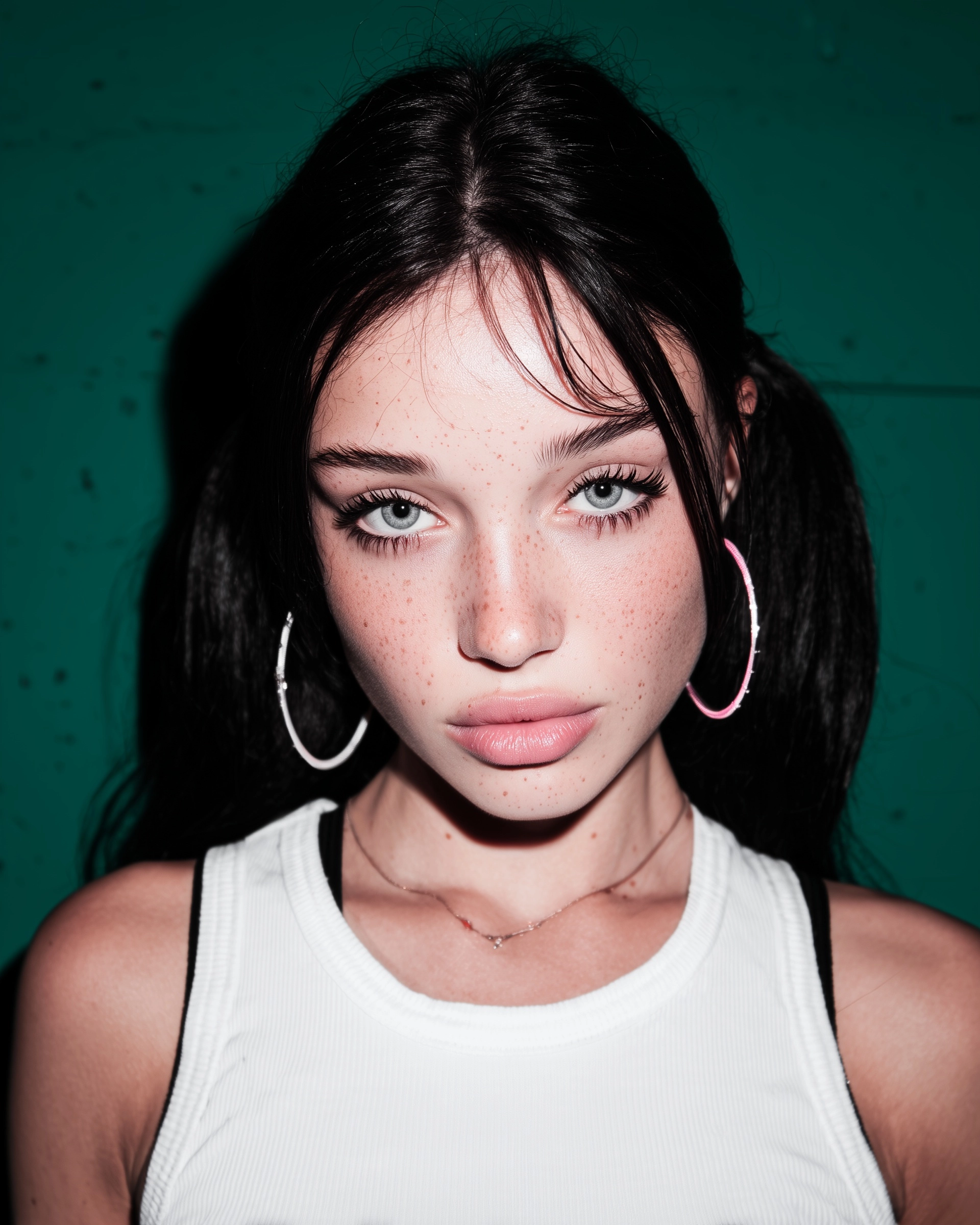 Frontal close-up studio portrait for a creative event agency team, young woman with fair skin