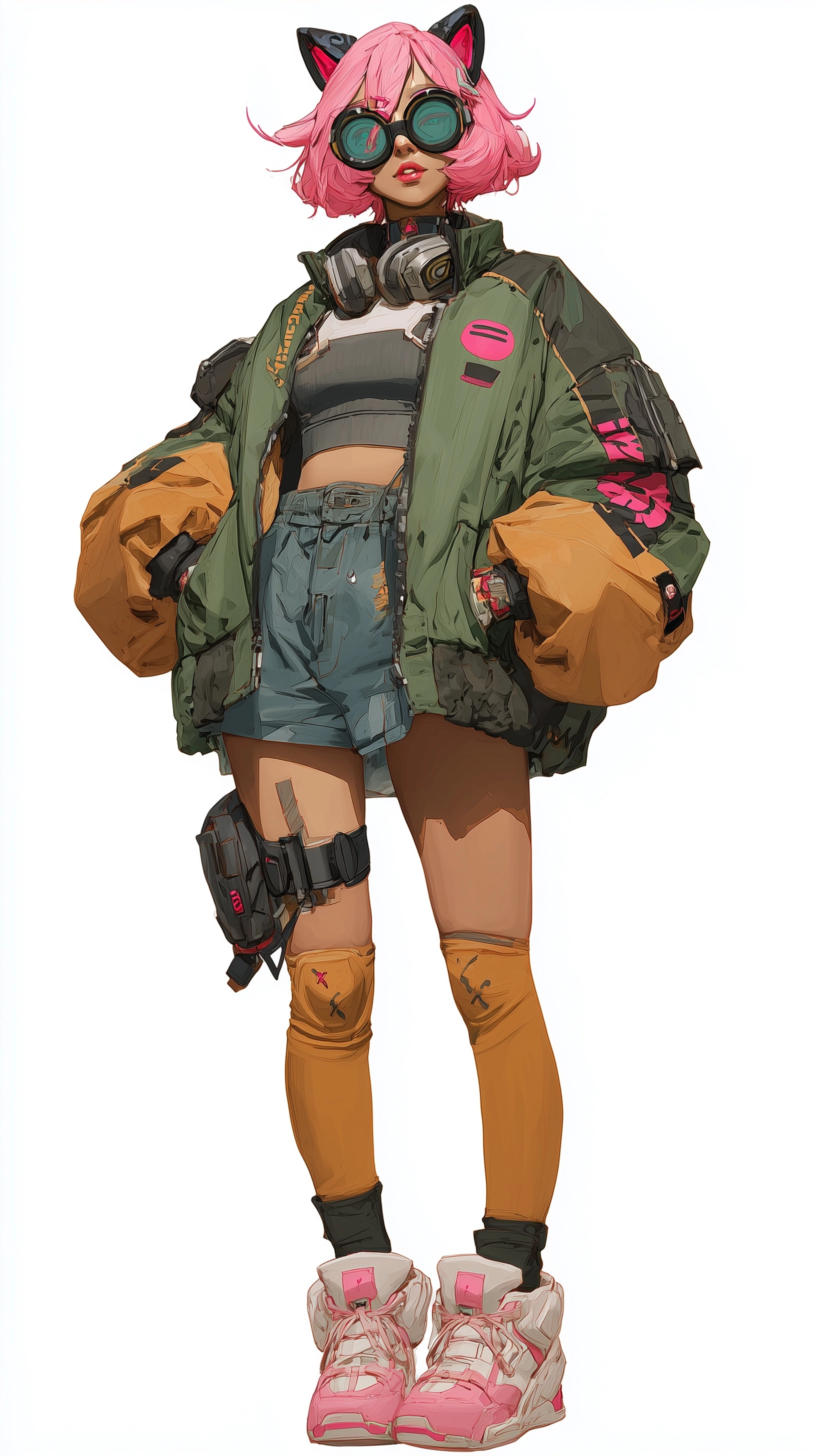 Full body female Caucasian rapper from the future inspired by K-pop daemon hunter with cat ears and