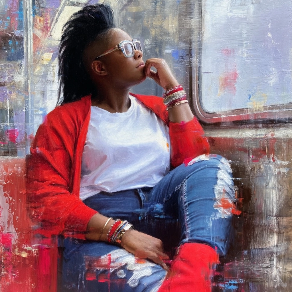 FULL BODY VIEW: 4K abstract oil painting of a beautiful brown skin regal plus size African American